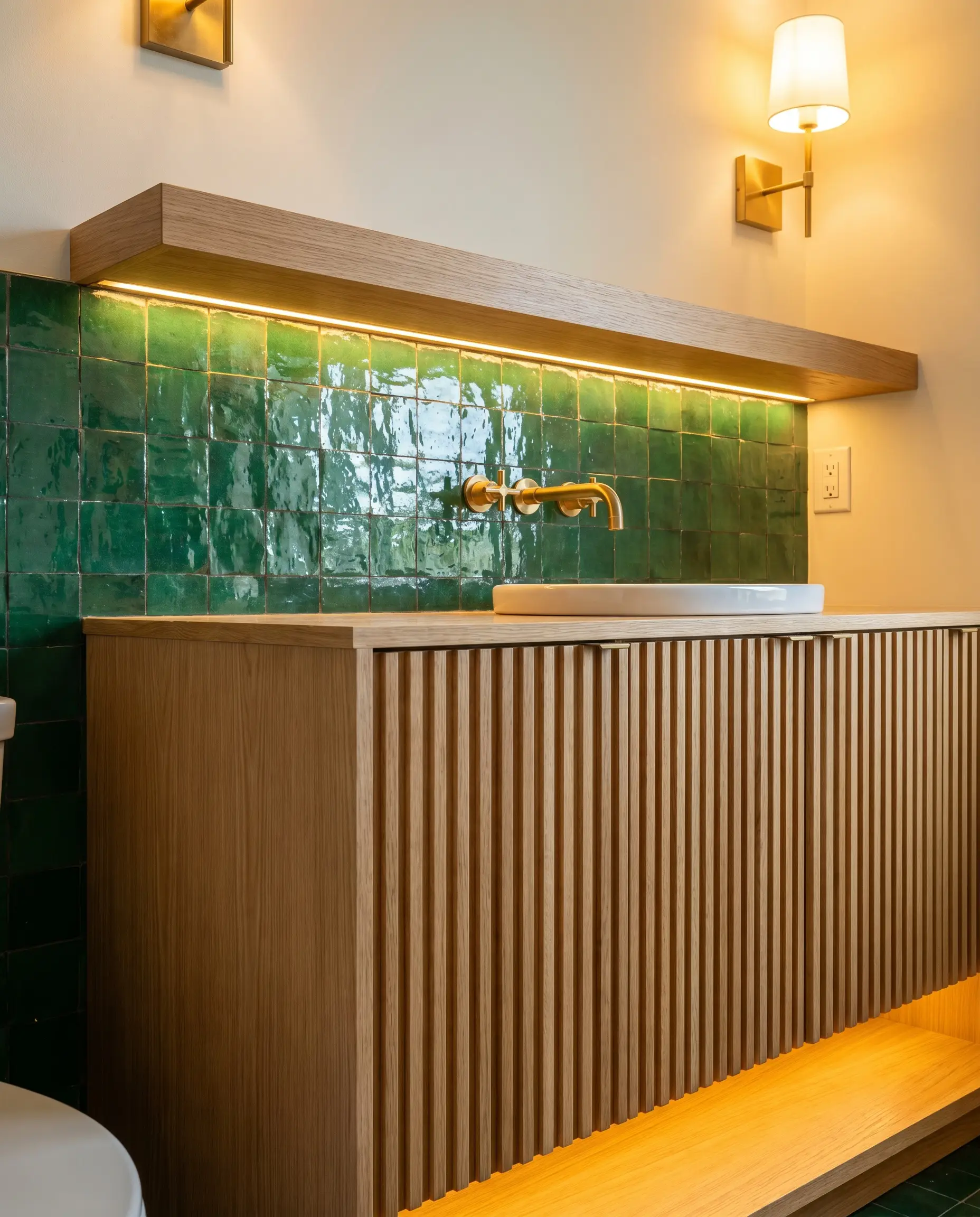 A custom fluted white oak cabinetry vanity in a natural finish provides tactile warmth beneath a glossy, wet-looking green kiln-fired glaze wall.