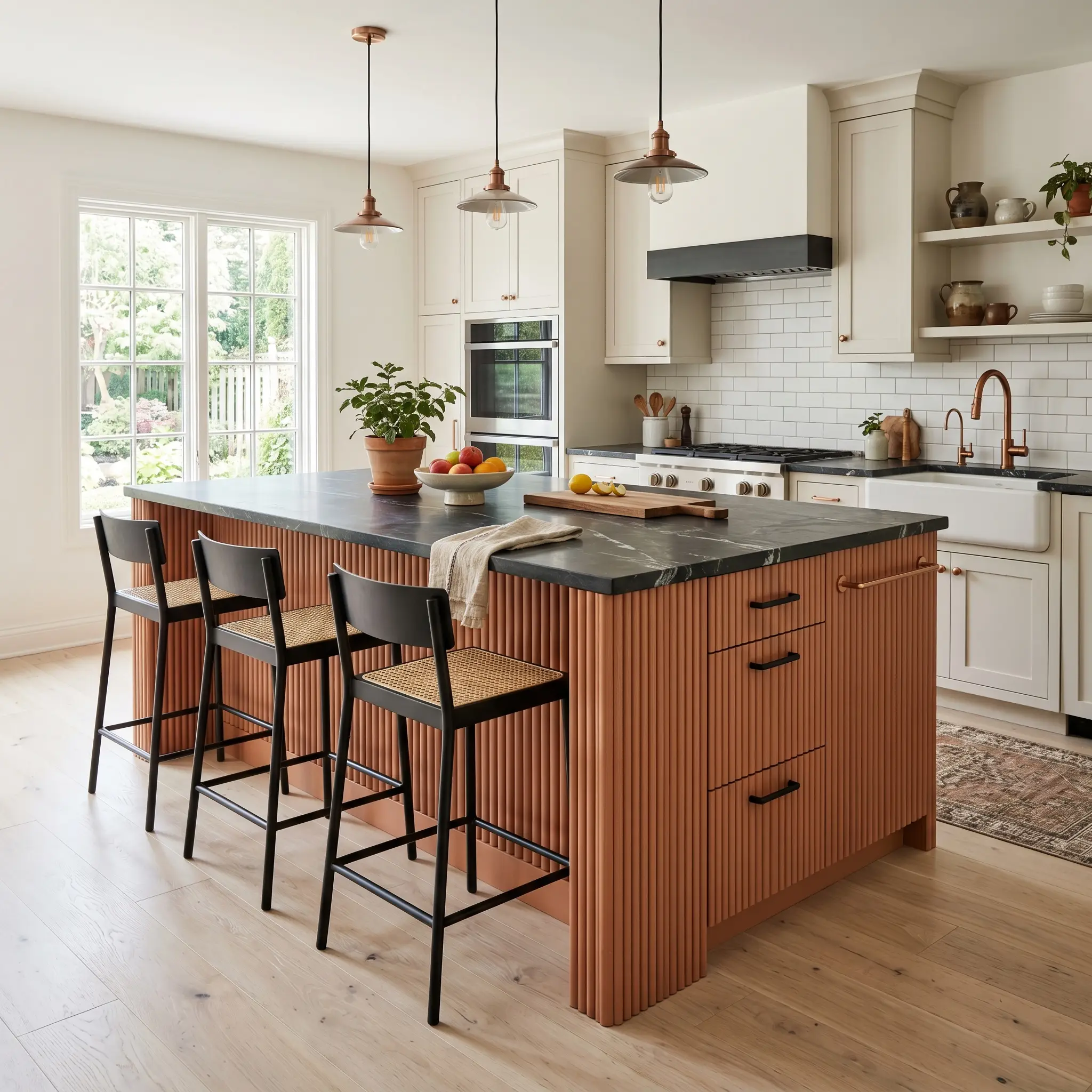 A central kitchen island wrapped in mid-tone earthy orange fluted wood detailing is topped with dark veined soapstone and matte black hardware.