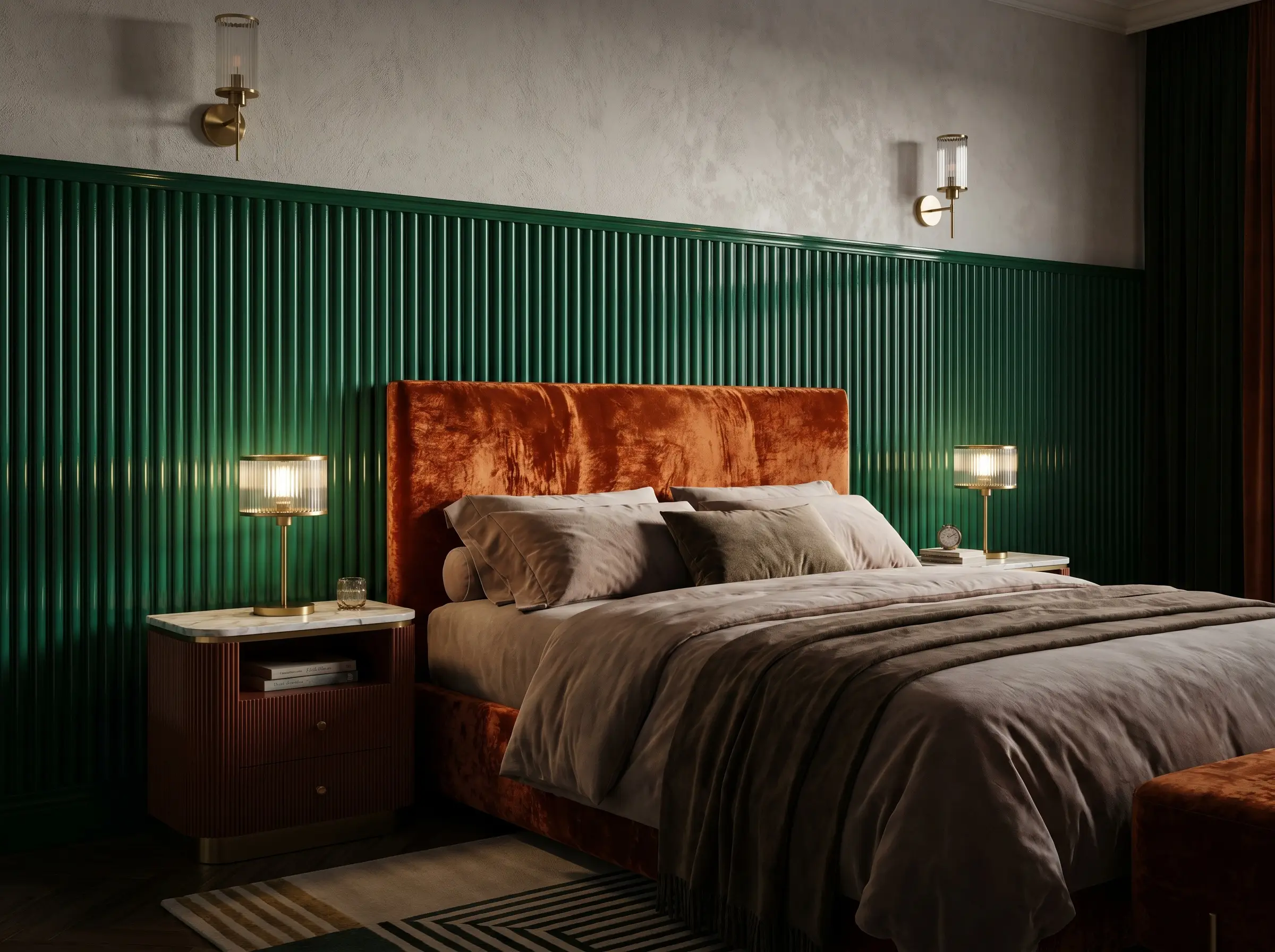 High-gloss enamel fluted wood half-wall paneling sits behind a crushed velvet upholstered headboard in this modern art deco bedroom.