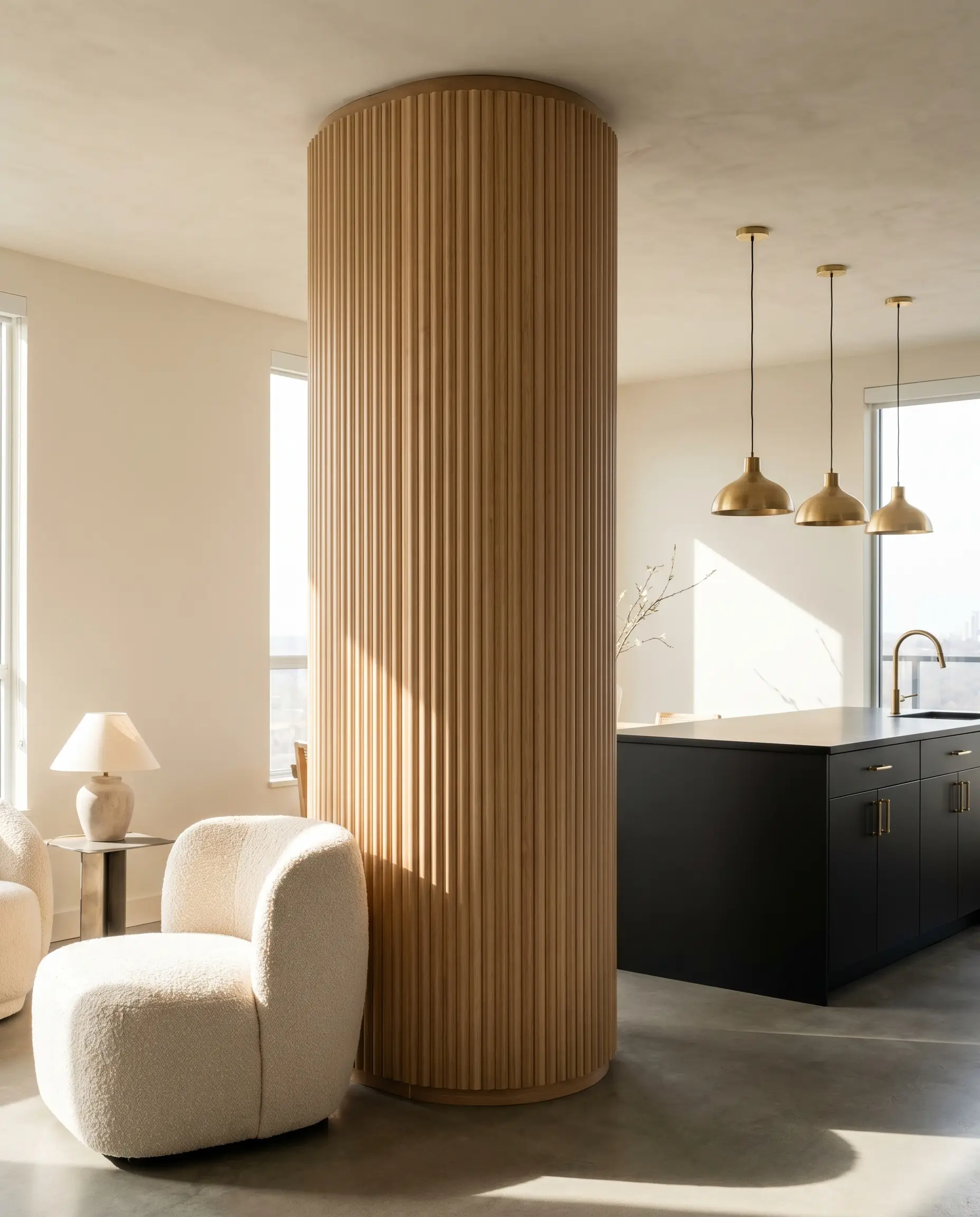 Flexible tambour-style fluted white oak paneling wraps a prominent interior column beside a plush cream boucle lounge chair and unlacquered brass pendant lighting.