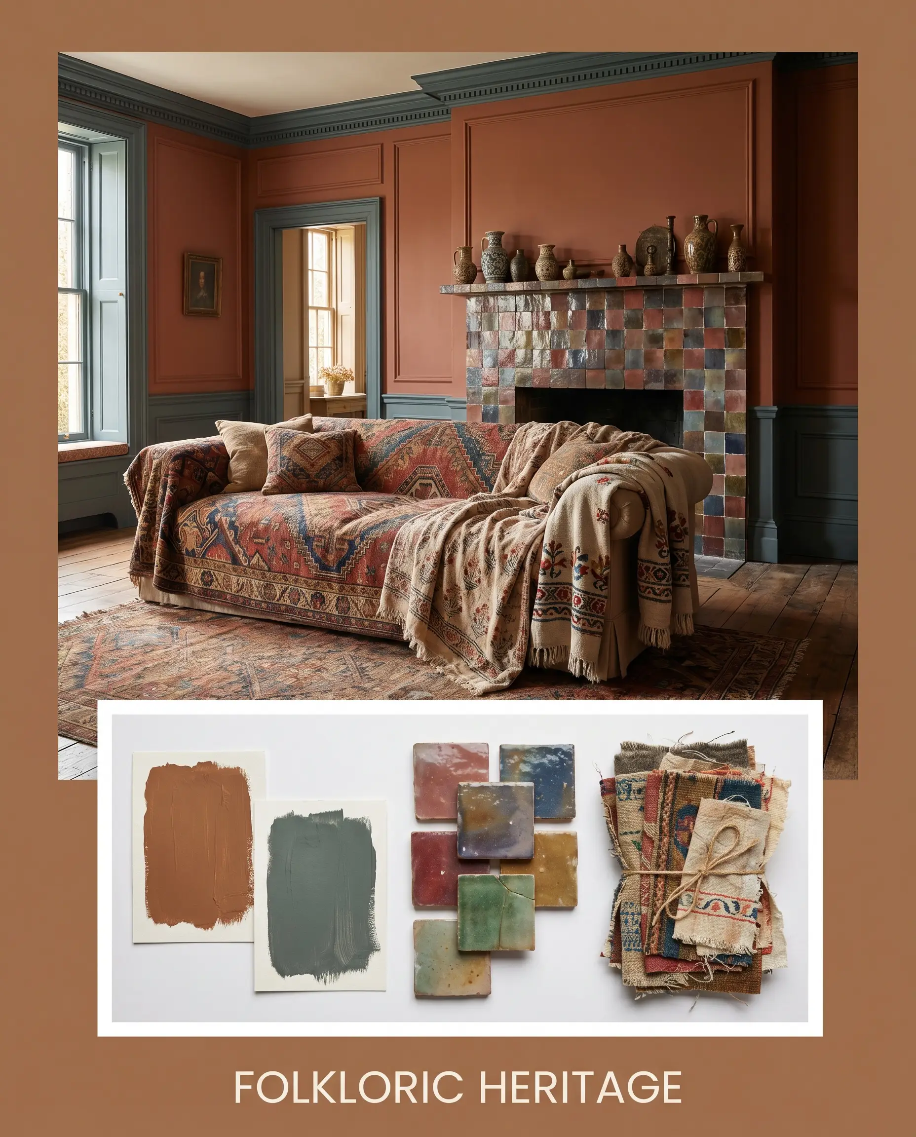 Vintage patterned textiles drape over a sofa next to a glazed zellige tile fireplace surround, layered above physical terracotta paint textures and frayed fabric swatches.