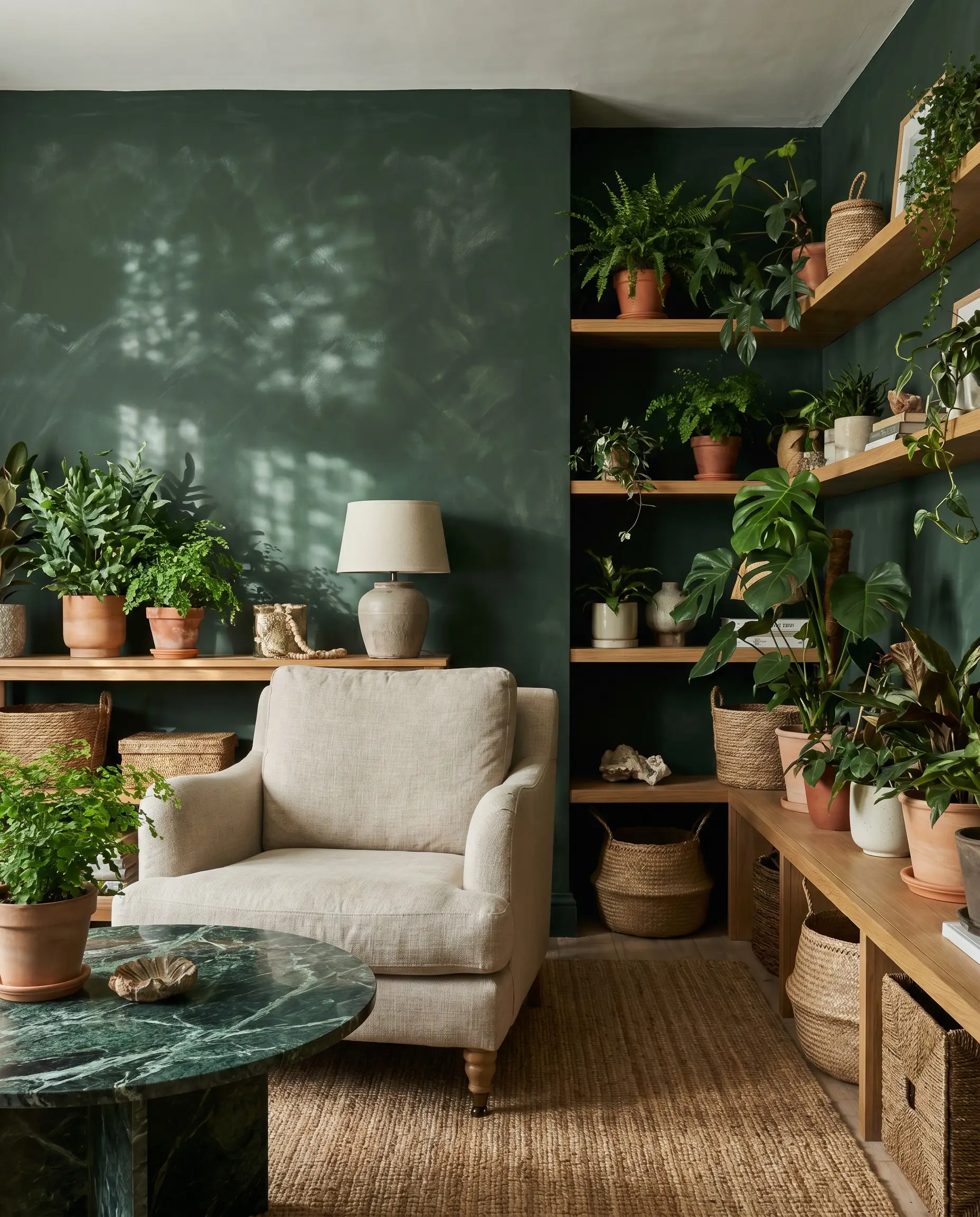Abundant indoor potted plants and natural oak shelving frame a dark green marble side table and linen chair against forest green limewash walls.