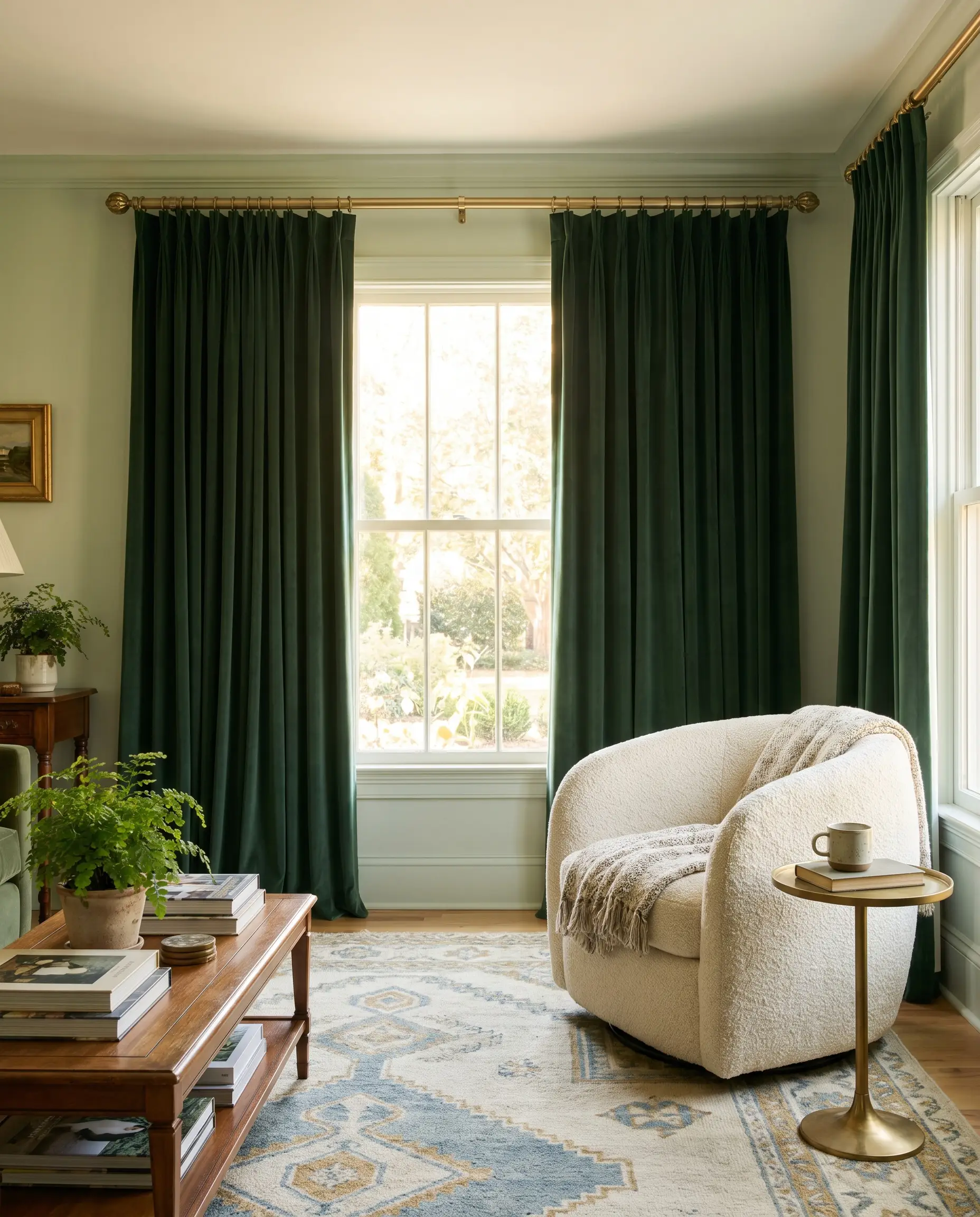Heavyweight forest green matte velvet drapery hangs from a brushed gold rod next to a tactile cream bouclé accent chair and small brass drinks table.