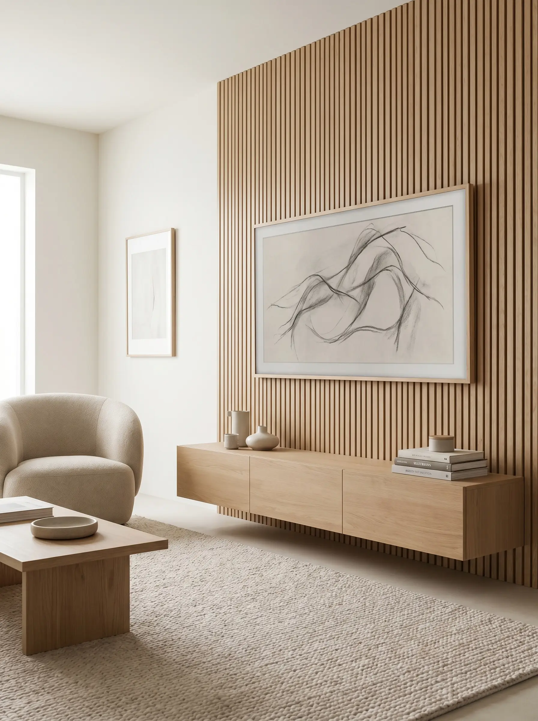 A flat-screen Frame TV with a custom light oak bezel displays a charcoal sketch against a vertical white oak slat wall.