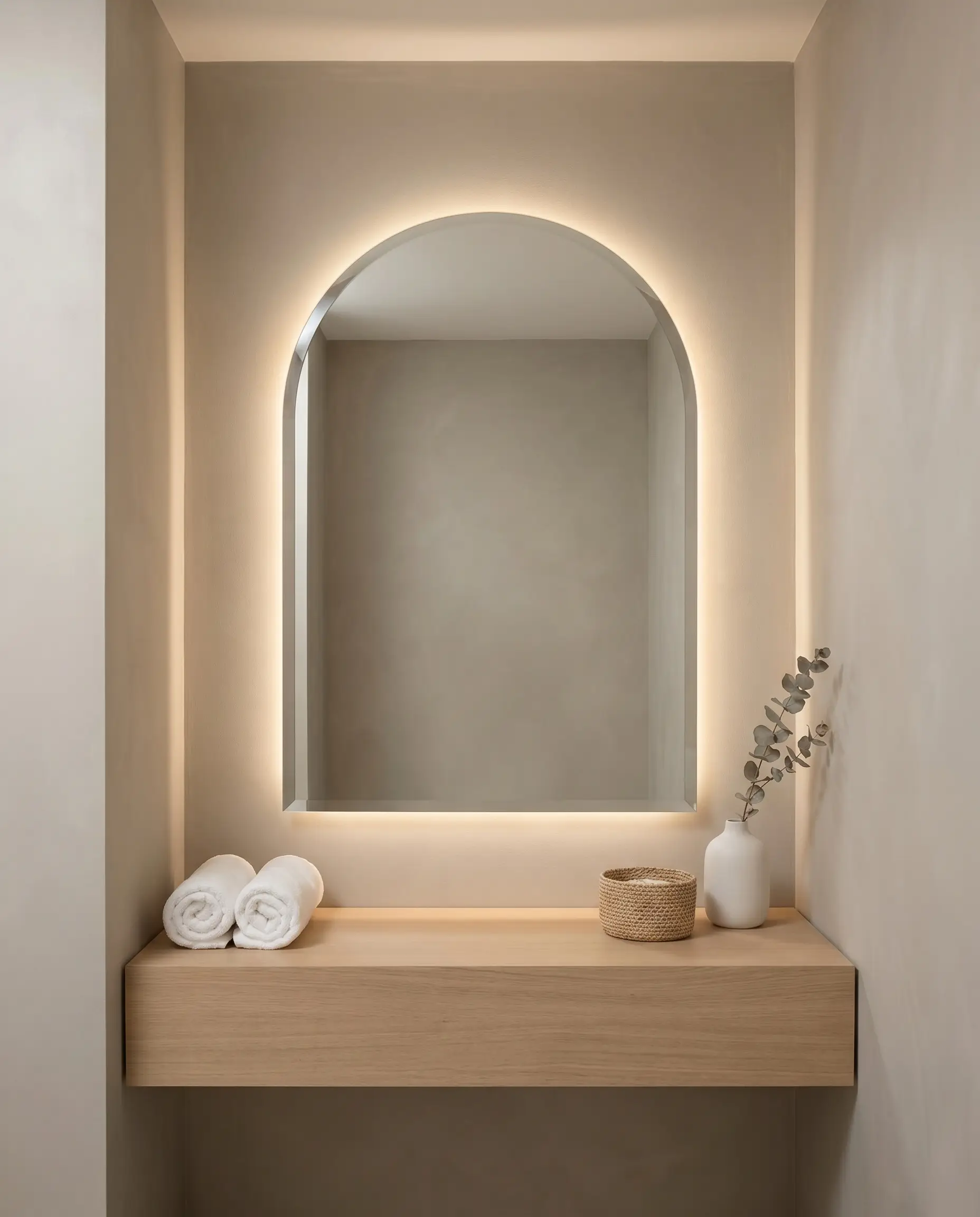 A large frameless arched mirror with a polished beveled edge and hidden LED backlighting floats above an uncluttered vanity styled with white towels.