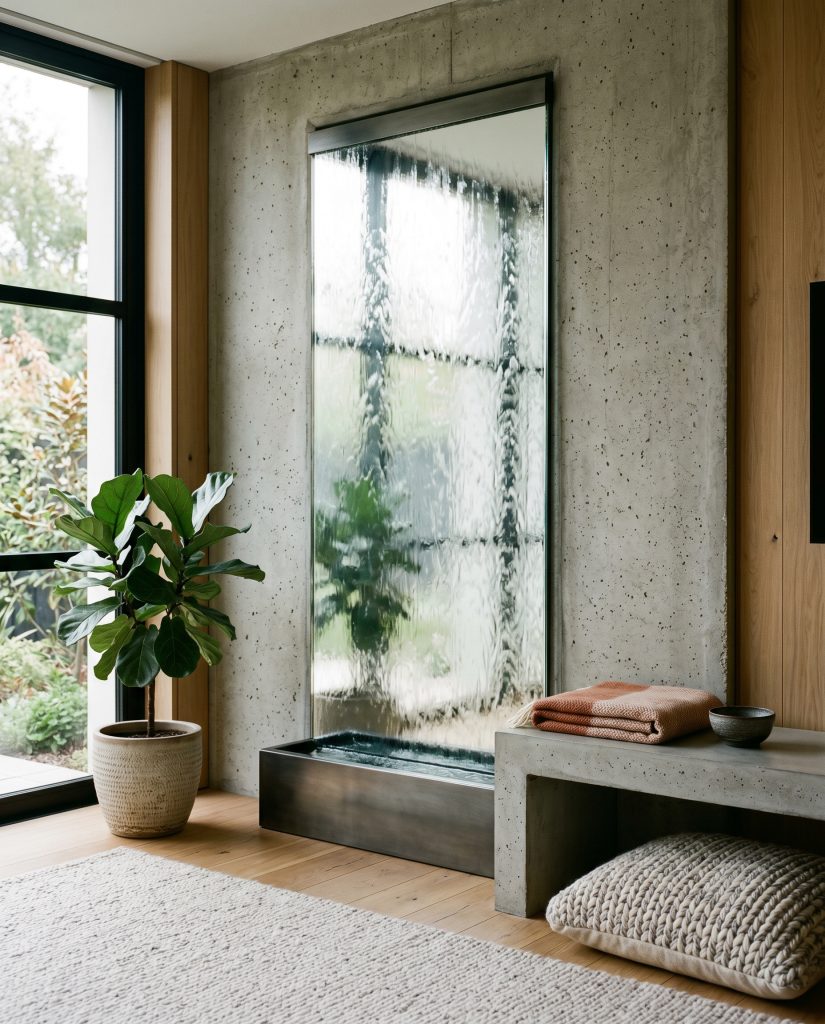 A frameless glass condensation panel introduces low-frequency fluid dynamics beside a minimalist concrete bench and a textured floor cushion.