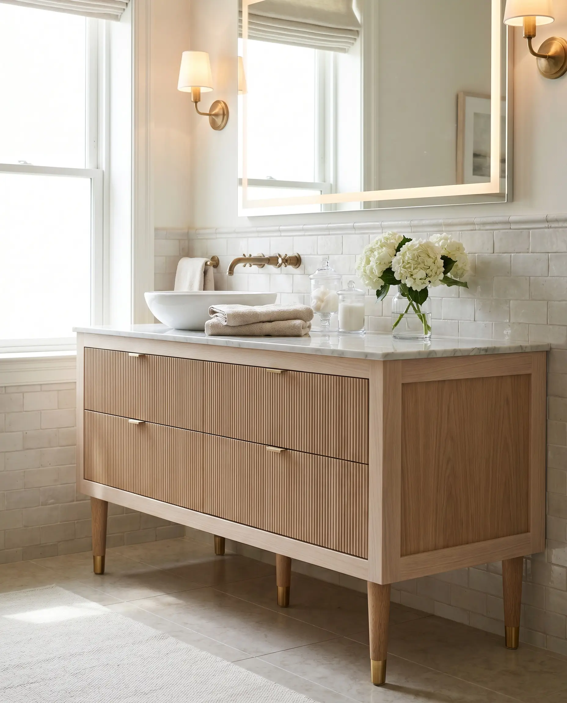 A heritage-quality freestanding bathroom console features heavily textured ribbed wood casing framed by smooth borders and elevated on round tapered solid oak legs.
