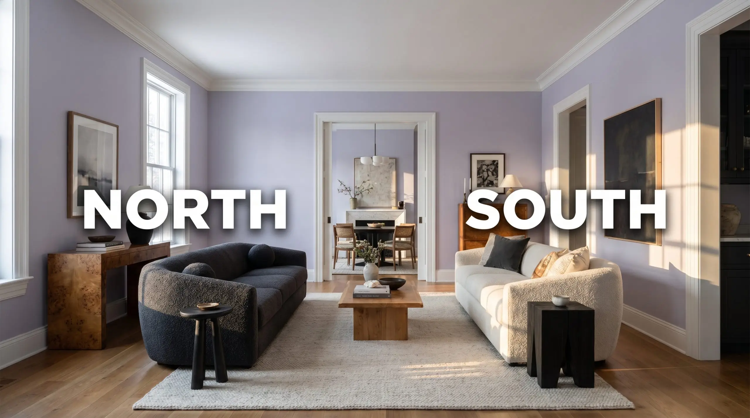 A continuous transitional living room showcases muted lilac walls shifting from cool shadows in Northern light to bright warmth in Southern exposure.