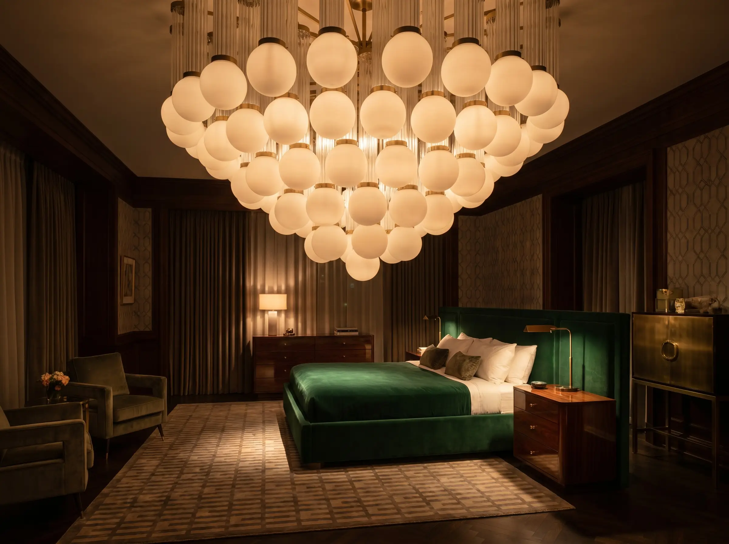 An overhead lighting fixture composed of tiered frosted milk glass globes and fluted glass tubes illuminates a velvet bed and polished casegoods.