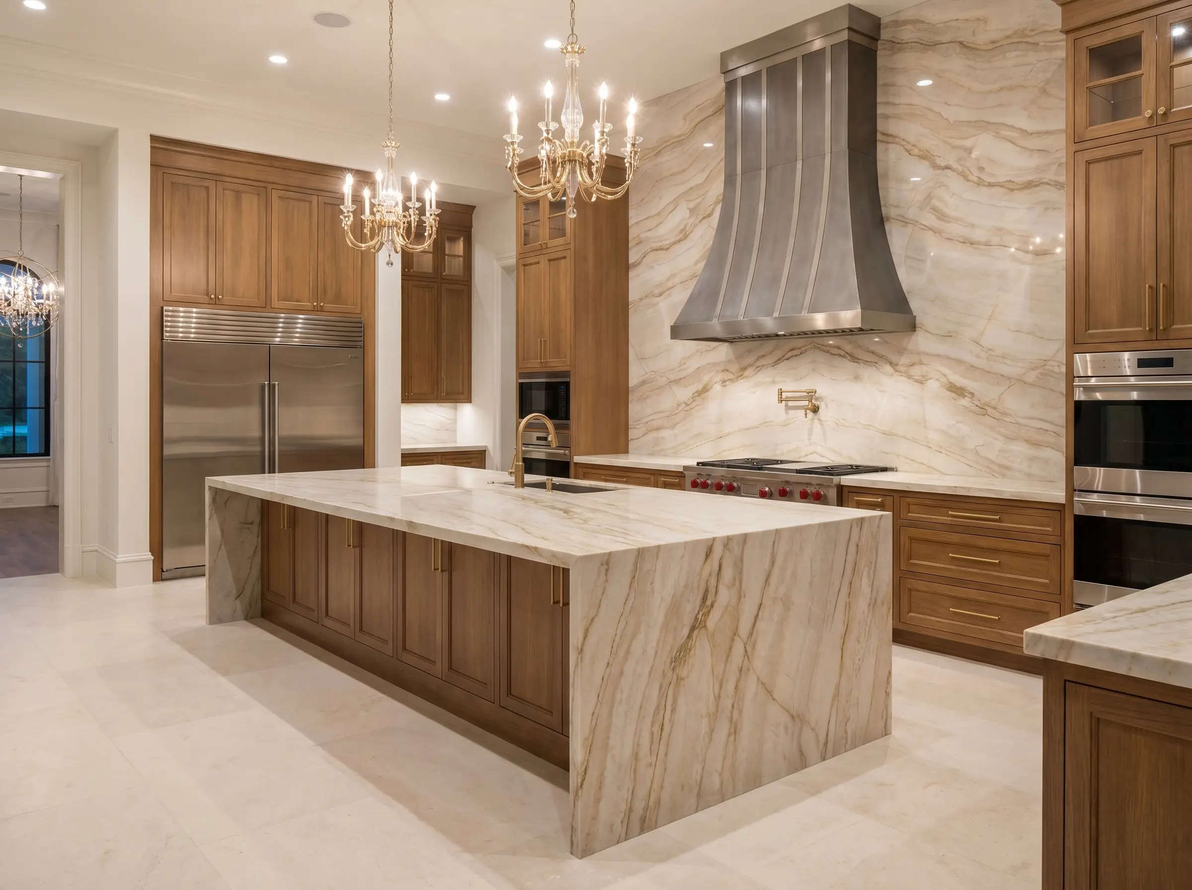 Sweeping beige and gold veining runs across Taj Mahal quartzite kitchen islands and continues up a perfectly matched full-height slab backsplash.
