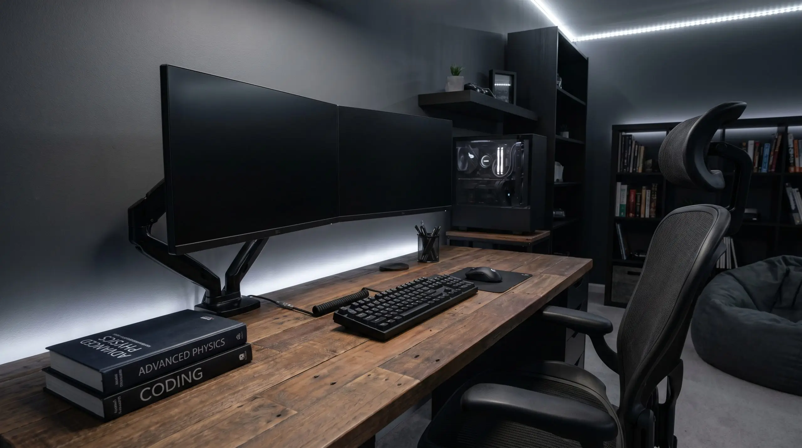 Matte black pneumatic gas spring monitor arms float two computer screens above a reclaimed wooden desk holding textbooks and a custom keyboard.