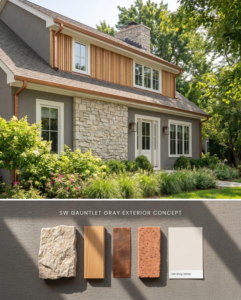 A split digital conceptual board showcasing a warm charcoal exterior facade on top, and a textured flat-lay of limestone, cedar, and copper materials below.