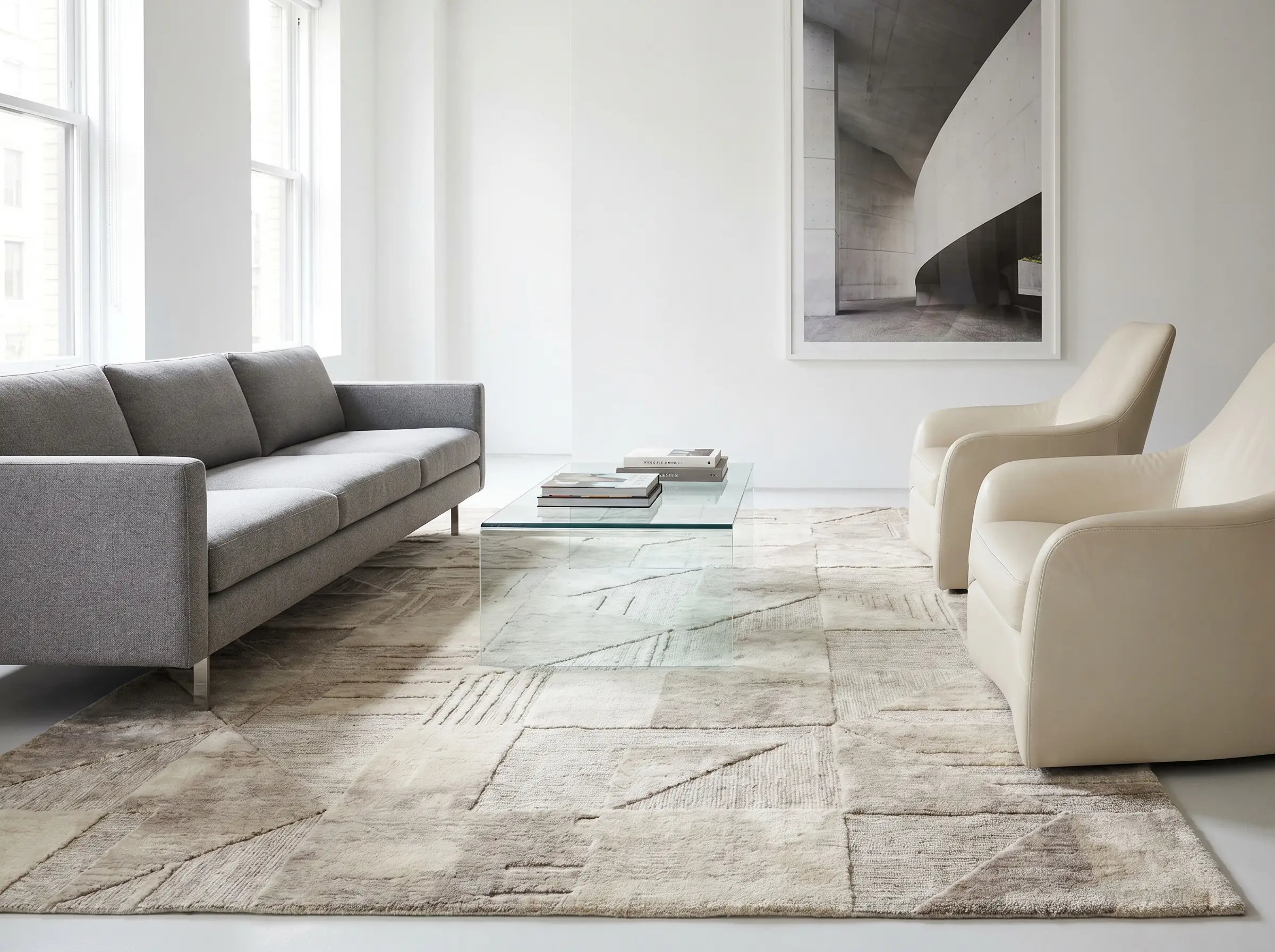 A carved-wool rug with a geometric marquetry motif sits beneath a clean-lined sofa and glass coffee table, bringing art deco touches modern living room.