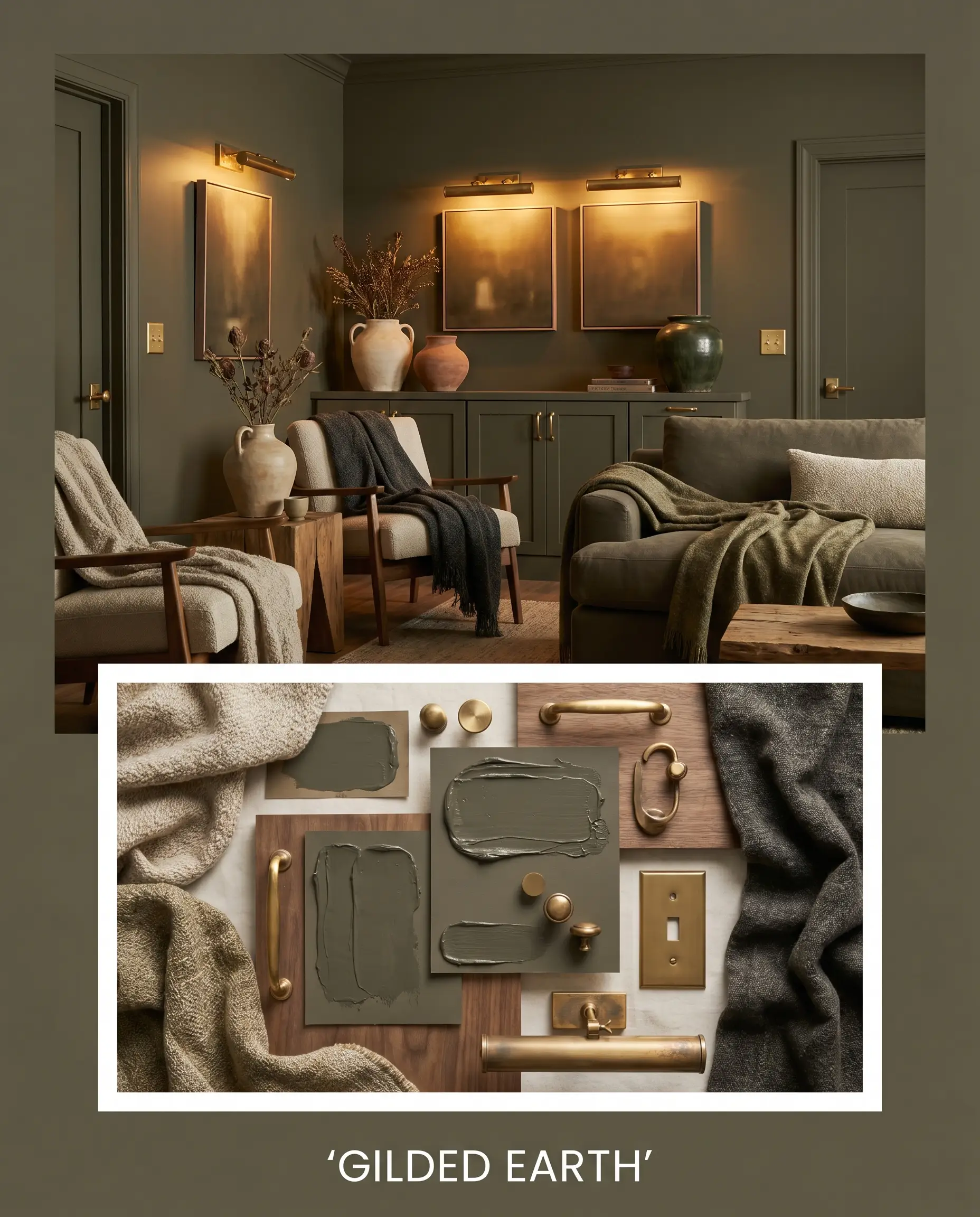 Unlacquered brass picture lights cast a warm glow across earthy green walls, oversized ceramics, and a textured throw fabric in this curated vignette.