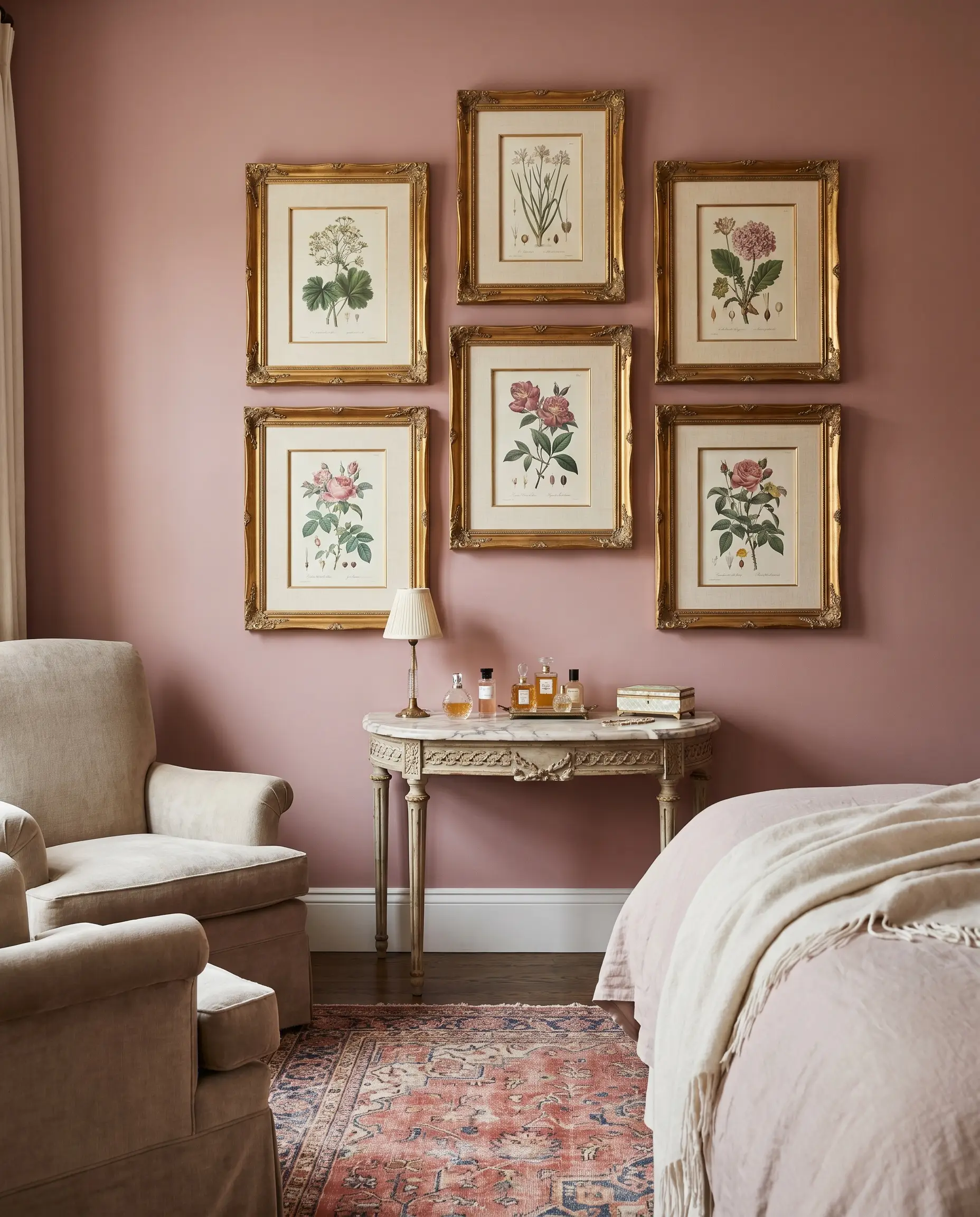 Vintage botanical sketches framed in heavy gilded gold molding hang on a sophisticated pink wall above a marble-topped vanity and vintage Oushak rug.