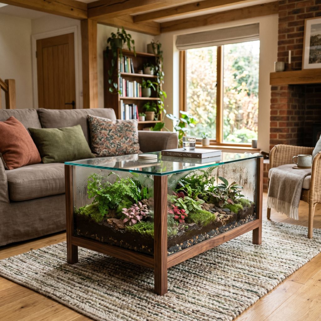 A custom glass-enclosed coffee table houses a hyper-local terrarium of tropical ferns and mosses surrounded by plush seating and warm timber accents.