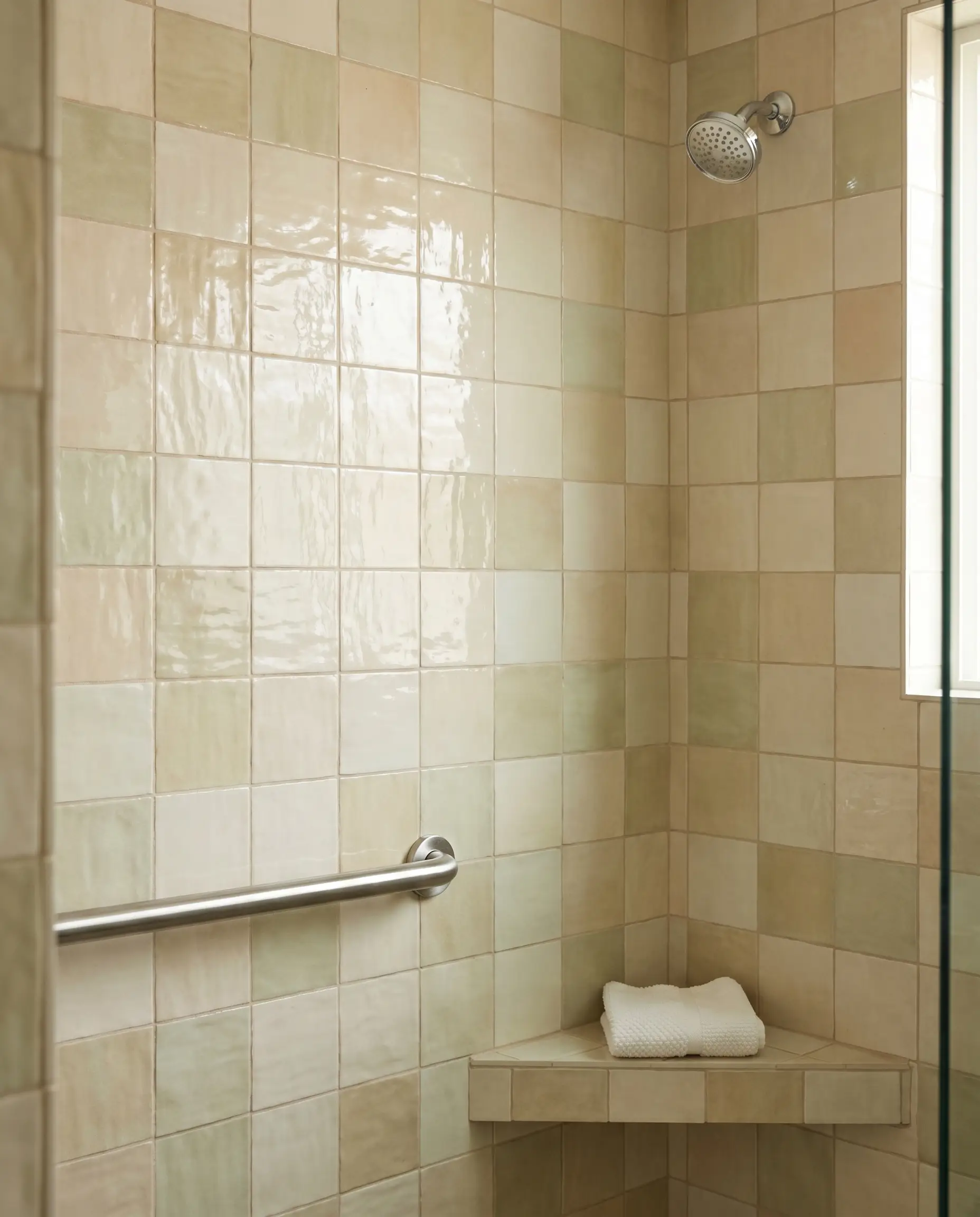Machine-made glazed ceramic tiles simulate the wavy surface of artisanal clay while providing a perfectly flat installation around standard chrome shower fixtures.