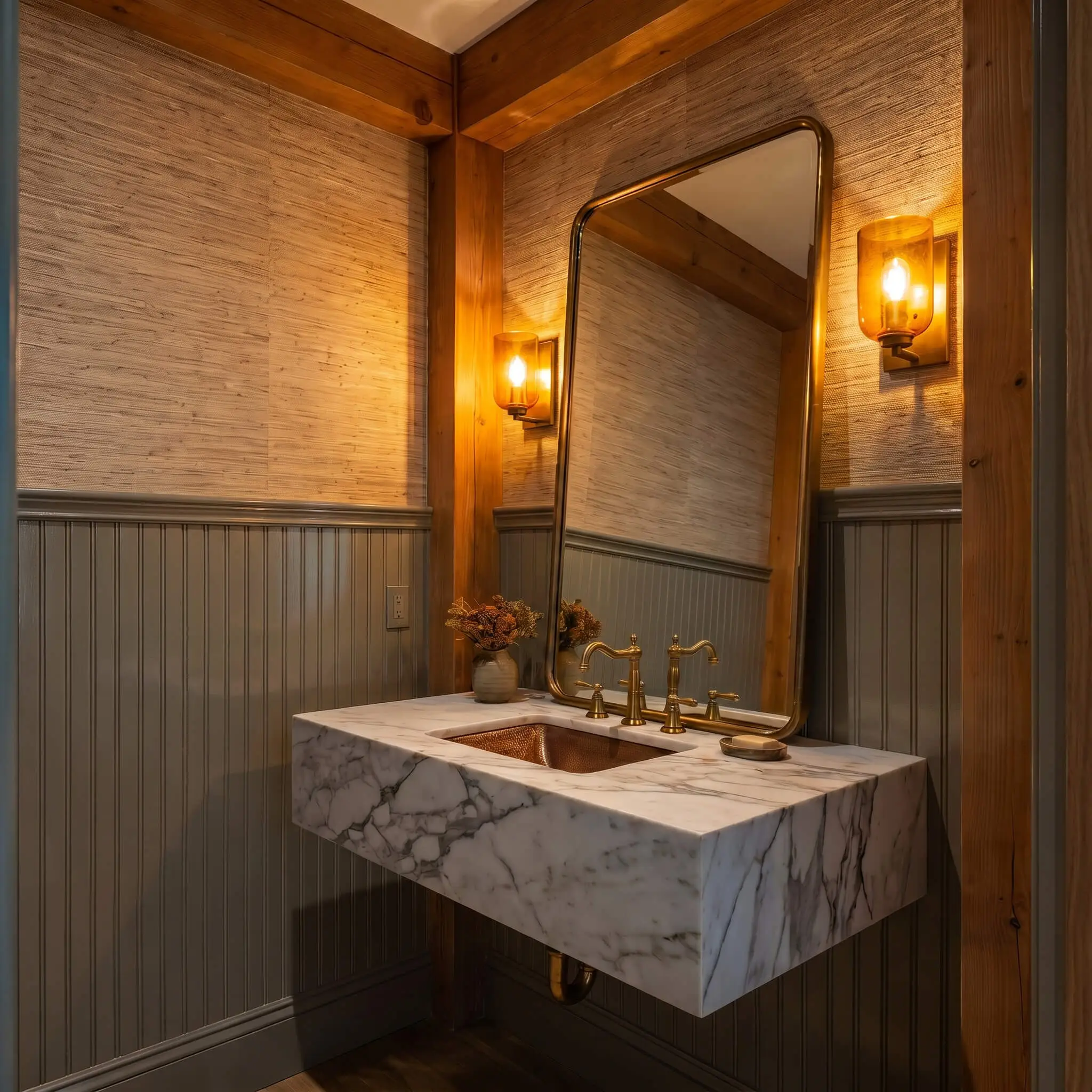 Glossy earthy grey-brown beadboard wainscoting grounds a small powder room featuring textured grasscloth wallpaper, a floating marble vanity, and an oversized leaning mirror.