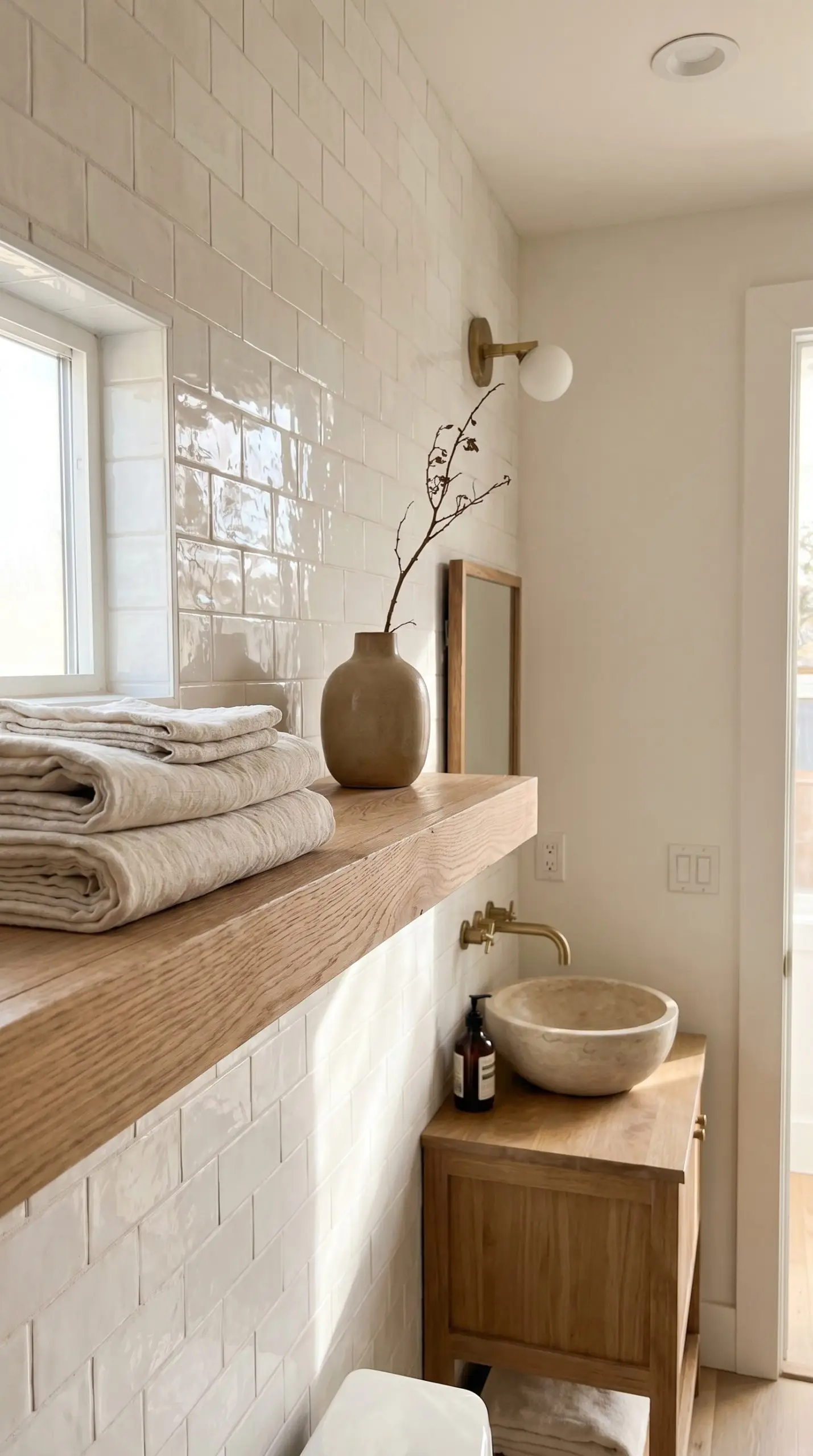 Tonal white grout joints blend seamlessly with glossy ceramic glaze tiles behind a minimalist floating wood shelf holding folded towels and a vase.