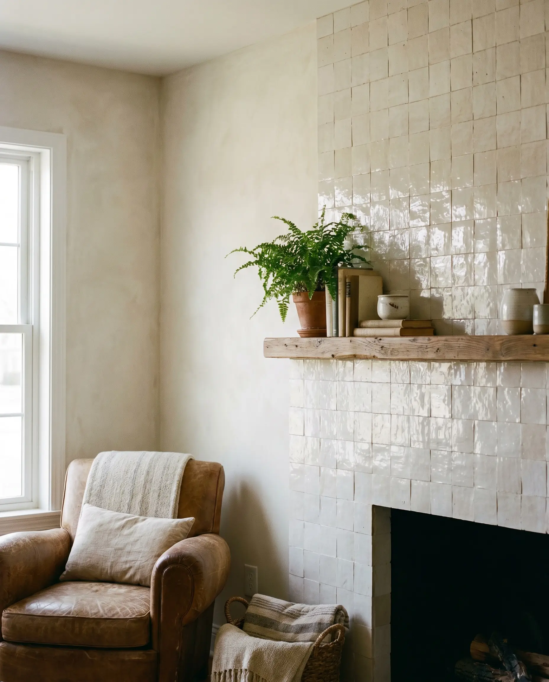 A fireplace surround clad in glossy Moroccan zellige tiles creates striking textural friction against a matte cloudy limewash wall beside a wood mantel.