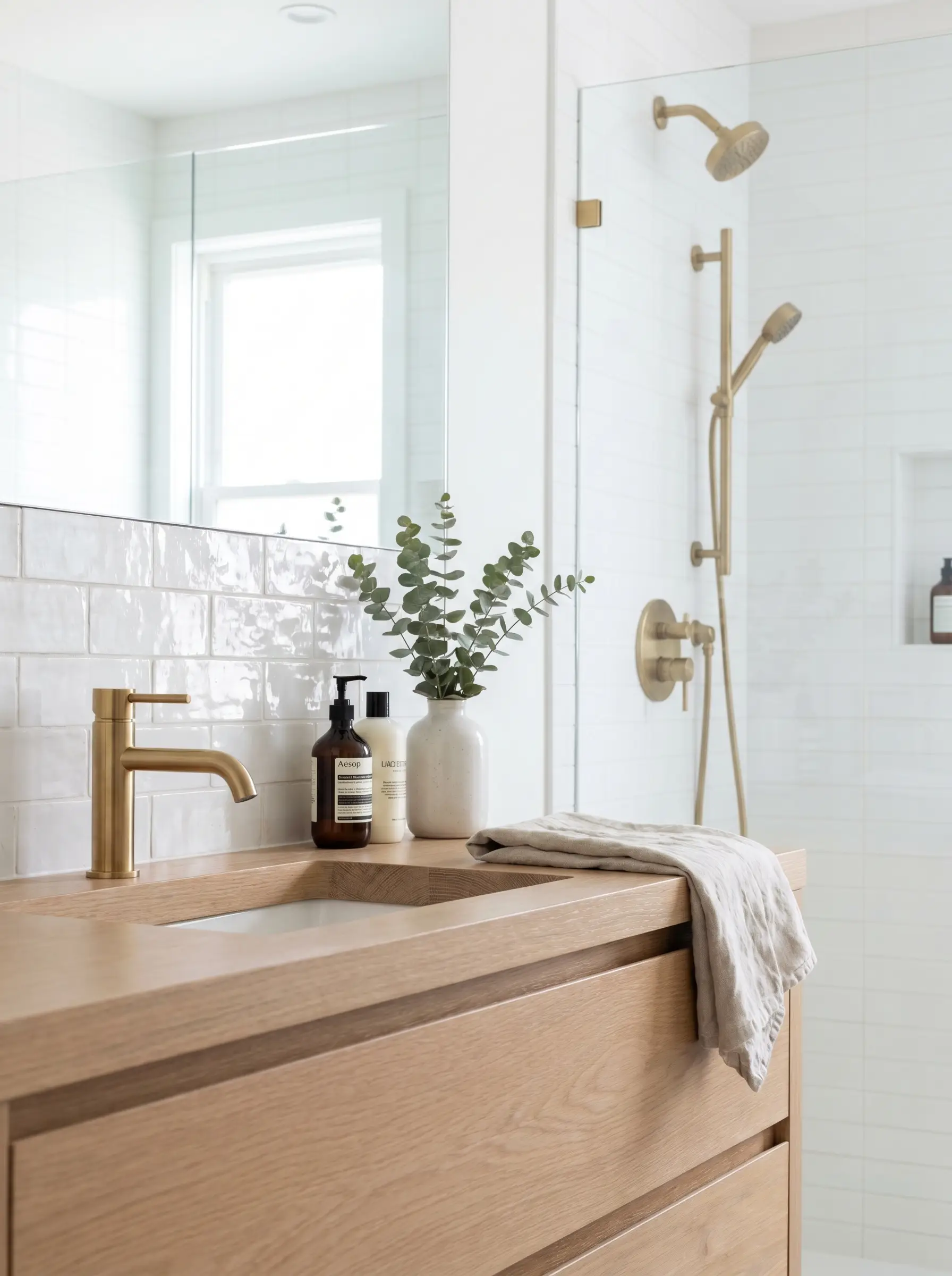 Glossy white Zellige tiles form a small vanity backsplash behind a brushed brass faucet and modern white oak cabinet, contrasting with machine-made shower tiles.