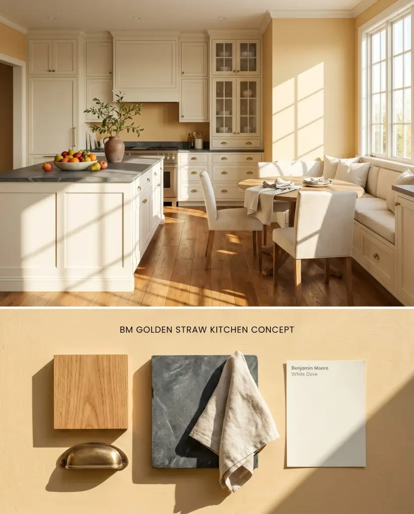 A split digital conceptual board showcasing a butter yellow kitchen with soapstone counters on top, and physical oak, brass, and linen materials below.
