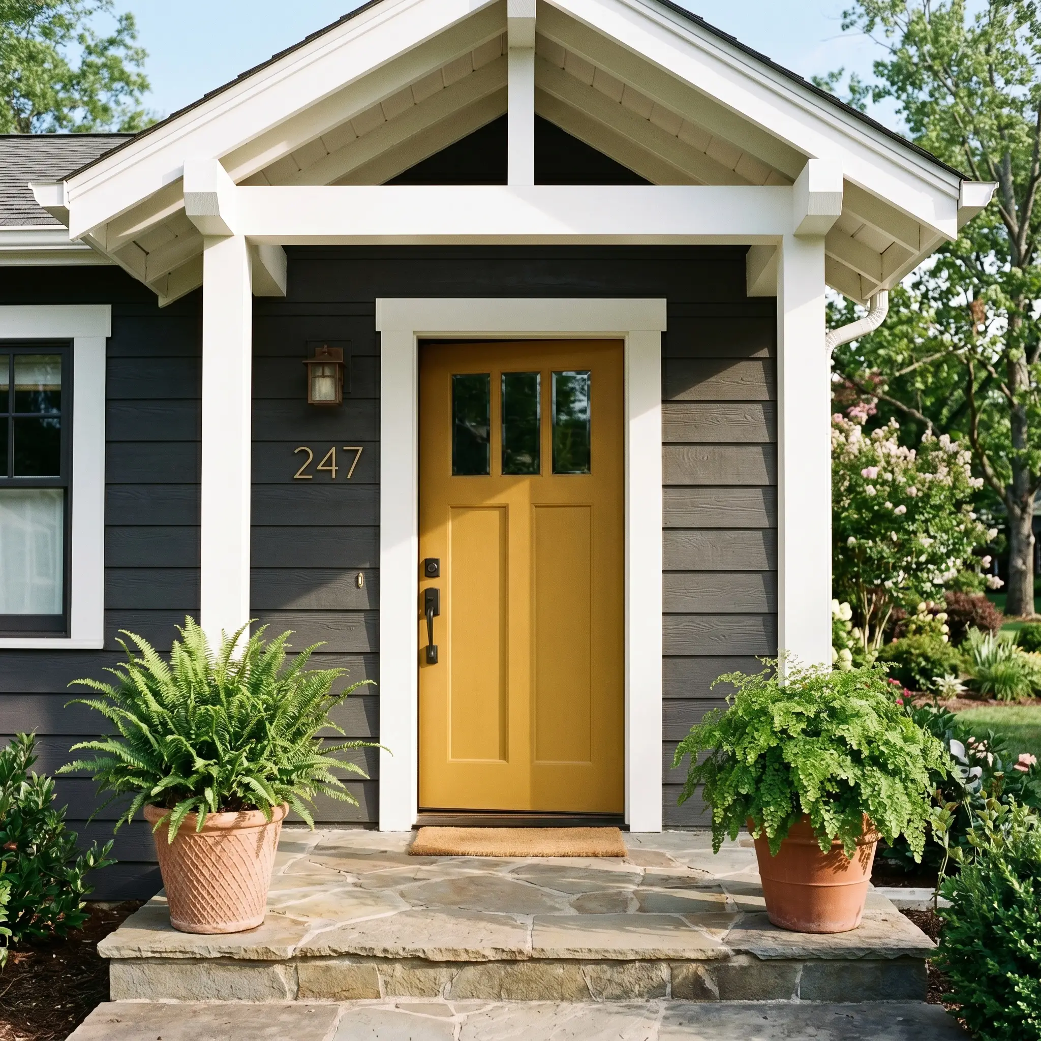 A welcoming golden yellow front door featuring a blackened steel handleset and unlacquered brass house numbers stands against rich charcoal gray horizontal wood siding.