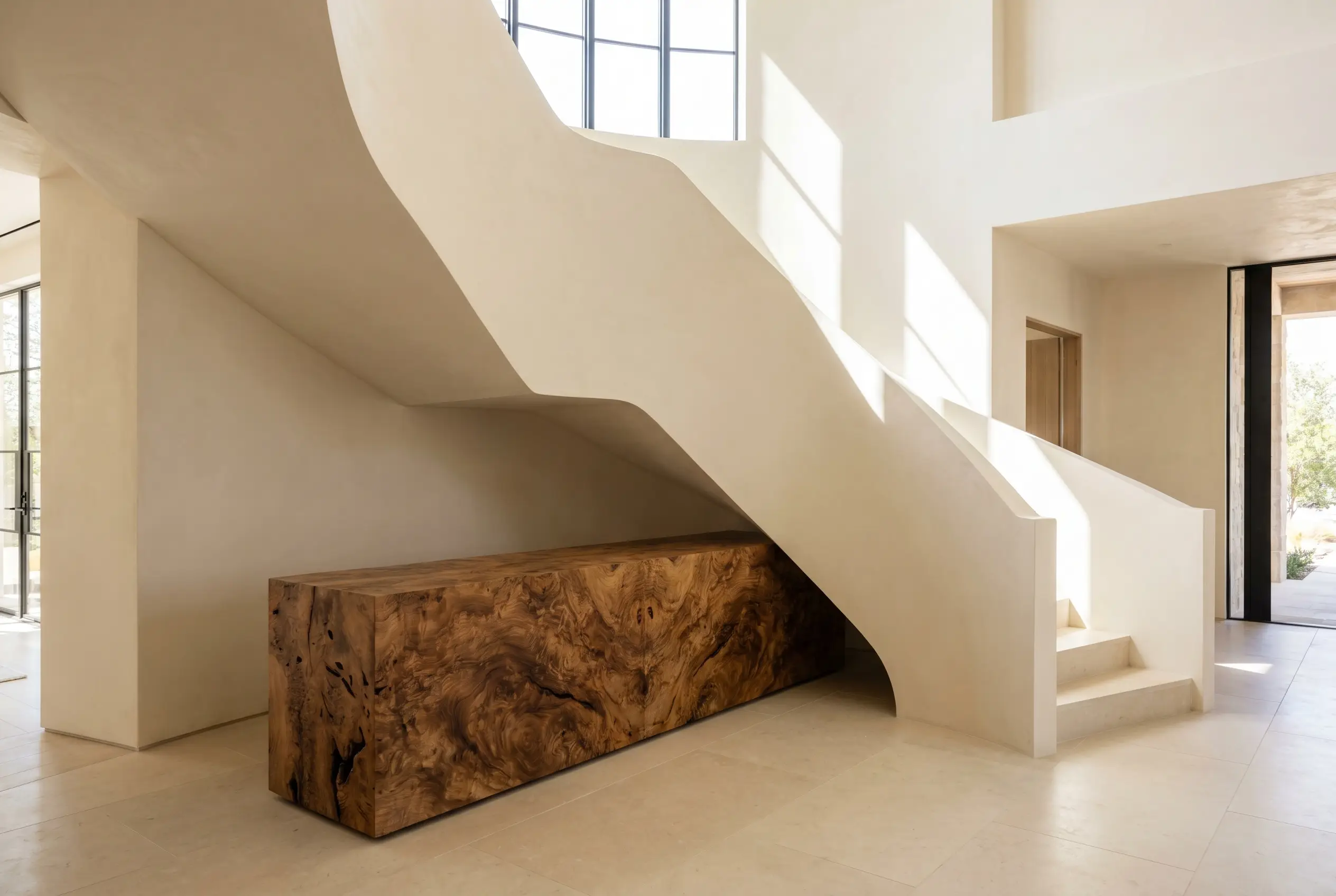 A heavy monumental burl wood block console fills the negative space alcove directly beneath a sweeping grand curved plaster staircase in a luxury floor plan.
