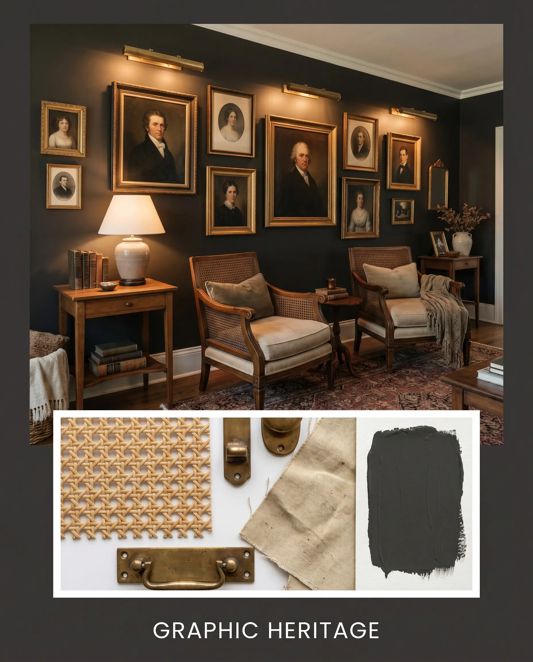 An editorial magazine layout titled GRAPHIC HERITAGE showcases a classic living room with cane-back armchairs above a flat-lay of cane webbing and unlacquered brass hardware.