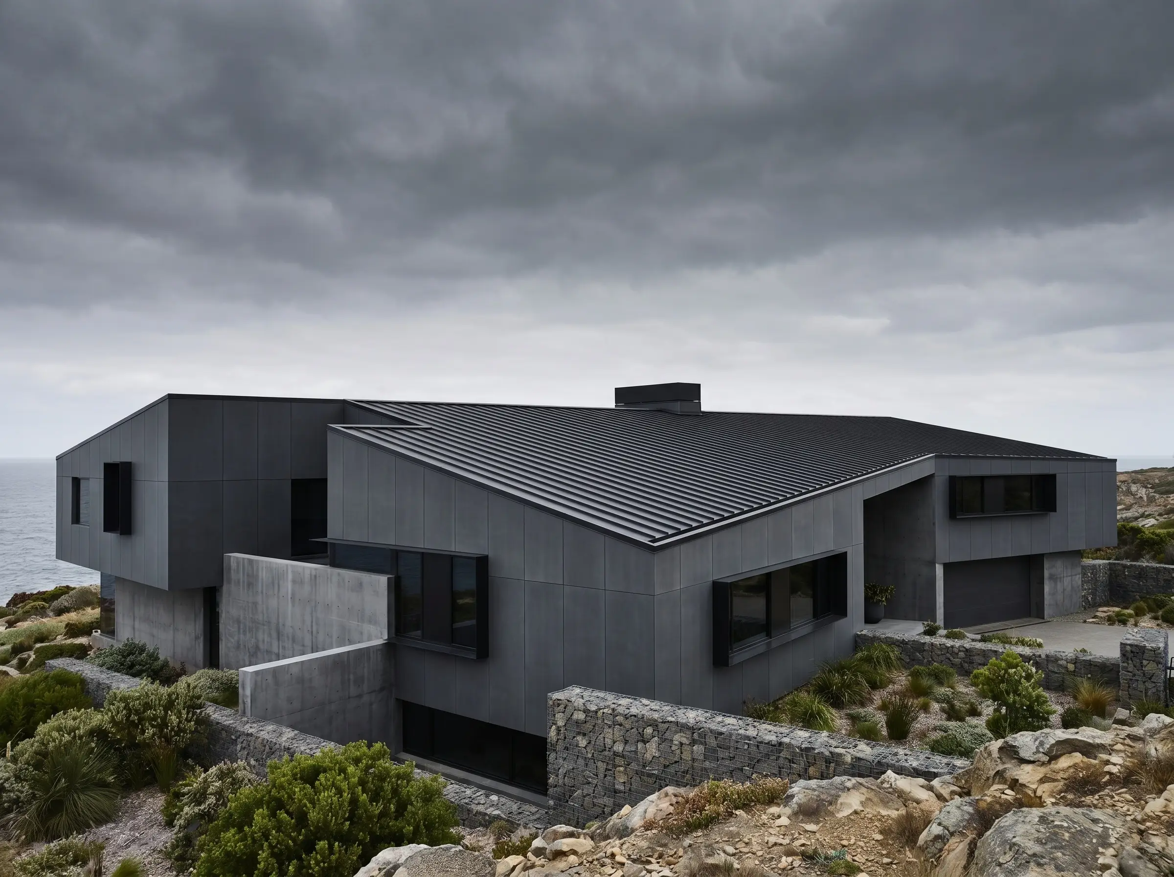 Deep slate gray exterior house paint complements a matte black standing seam metal roof and sharp black anodized aluminum window frames.