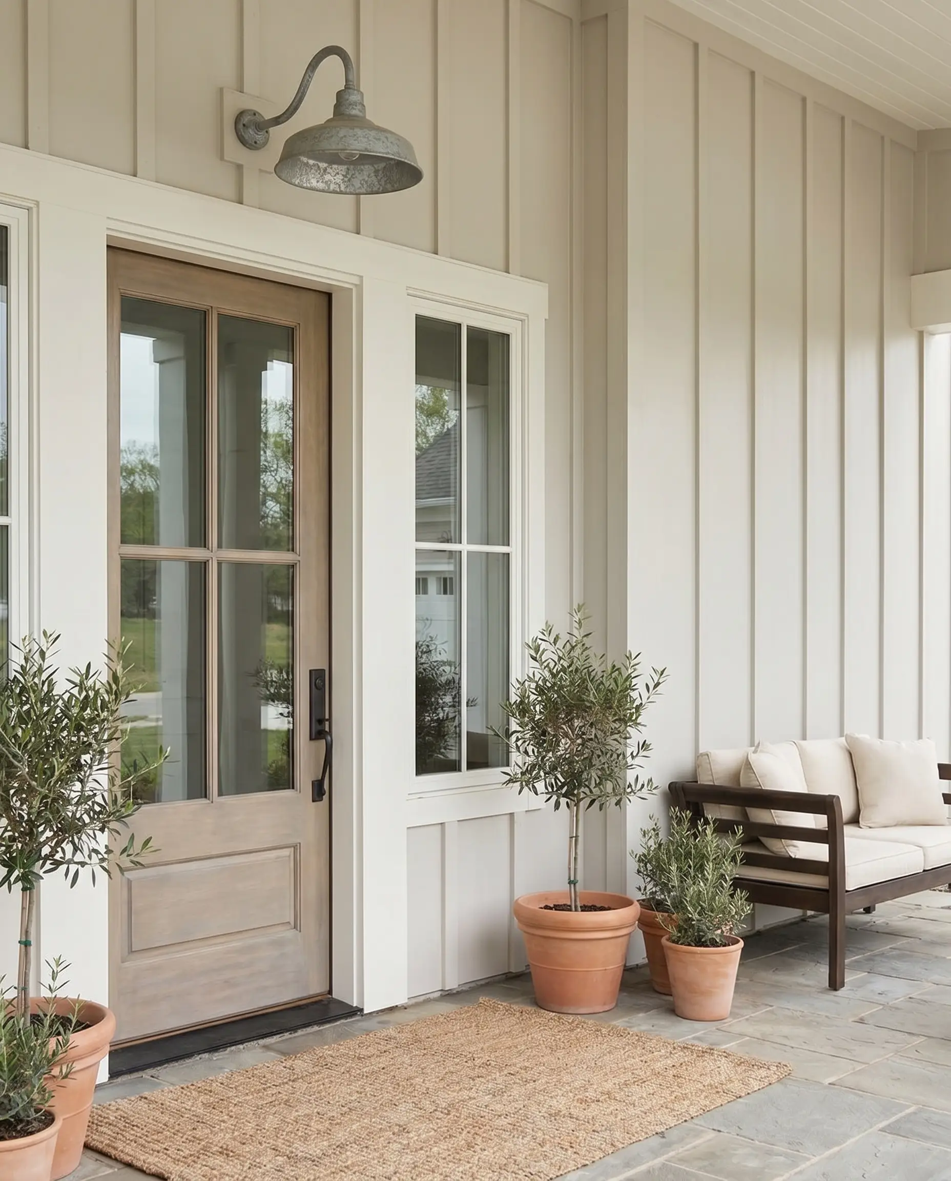 Vertical board and batten cladding painted in pale warm gray is accented by muted white trim and a galvanized steel gooseneck light fixture.