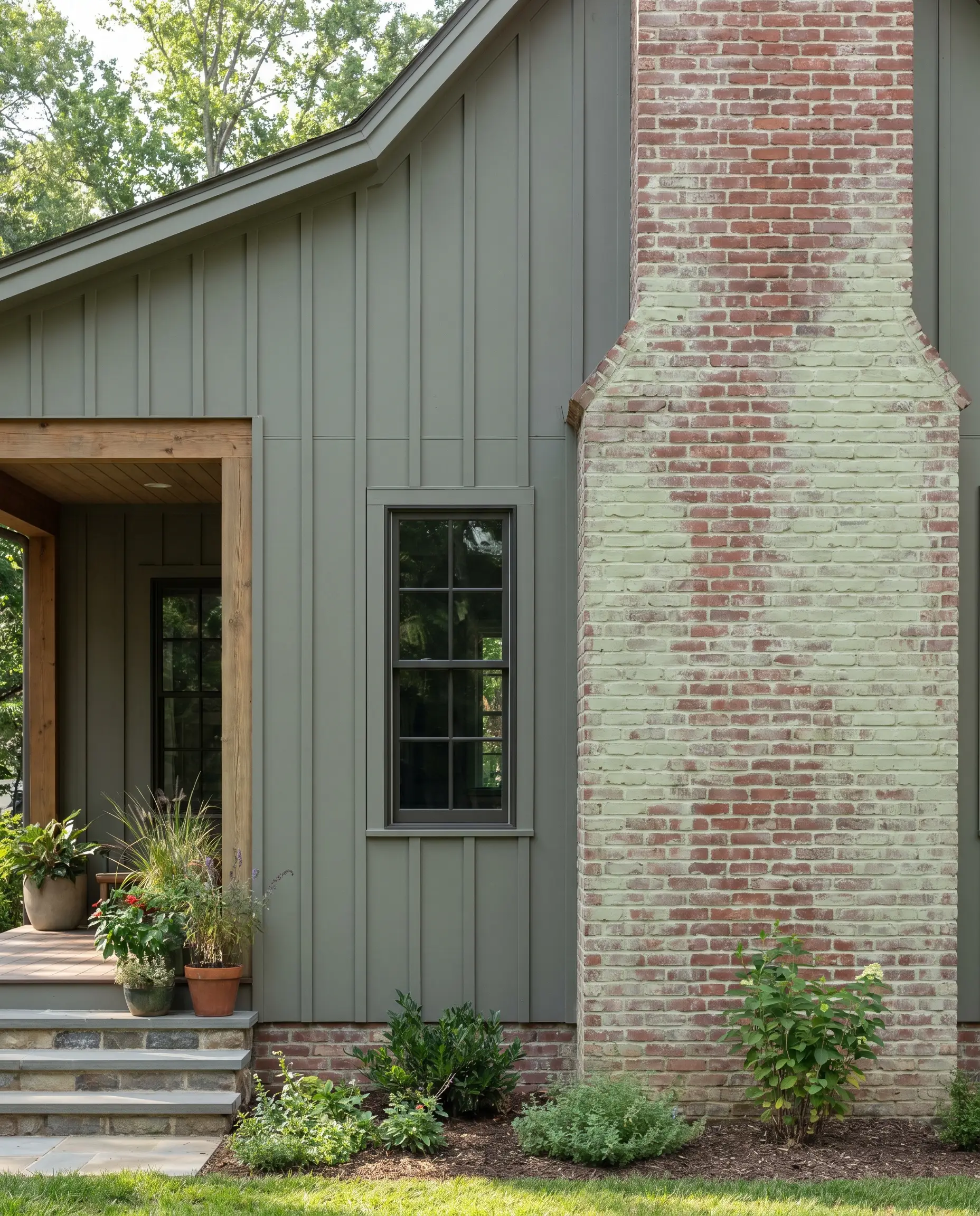 Subtle green-toned gray exterior house paint covers smooth siding, meeting a towering antique red brick chimney treated with a light lime-wash.