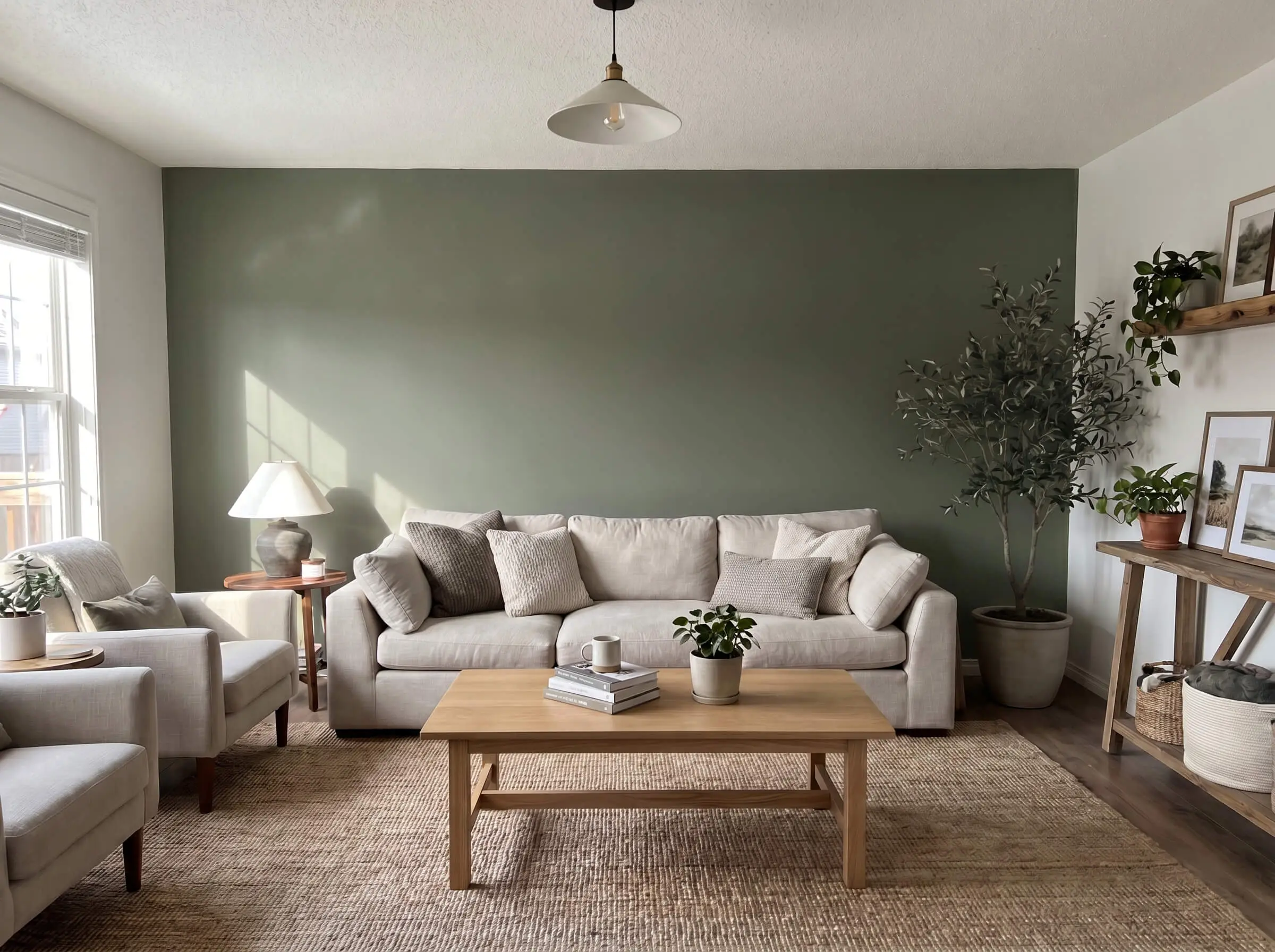 An oatmeal sectional sofa, light oak coffee table, and large jute rug fill an organic modern space featuring a flat matte gray-green wall.