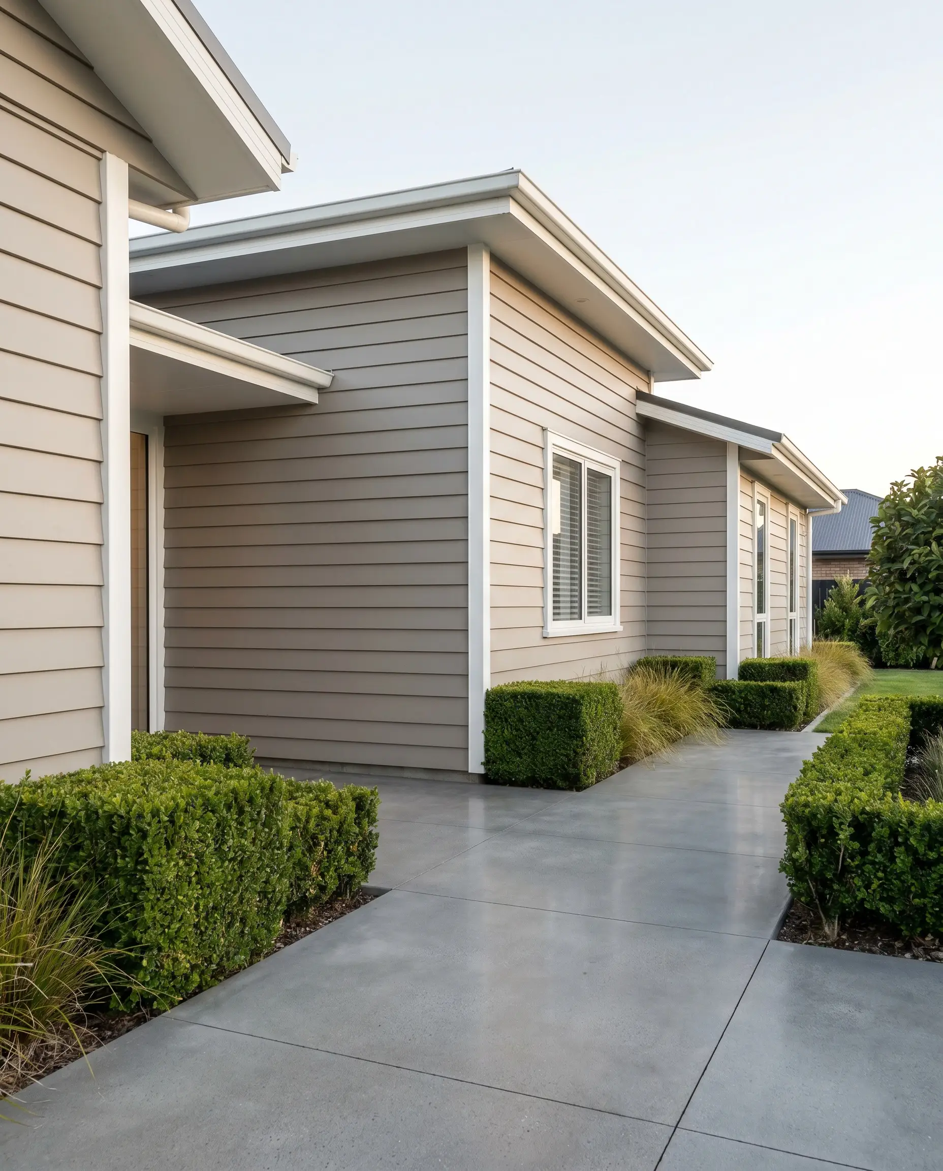 Crisp fiber cement lap siding painted in a gray-leaning greige pairs with brilliant white fascia boards along a polished concrete walkway and modern shrubs.