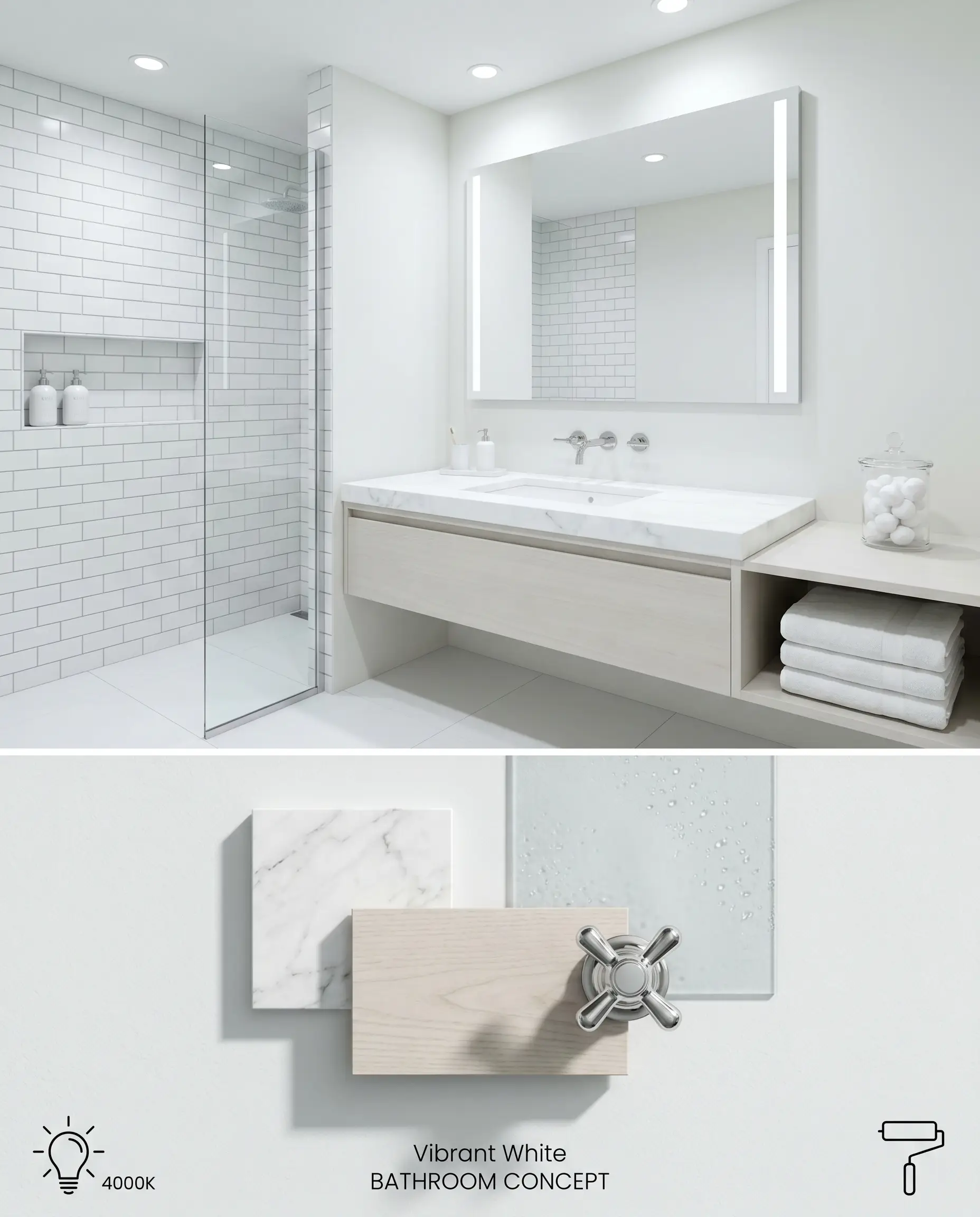 A dual-section digital conceptual board presenting a windowless grayish white bathroom under 4000K LED lighting, layered over Thassos marble and polished chrome samples.