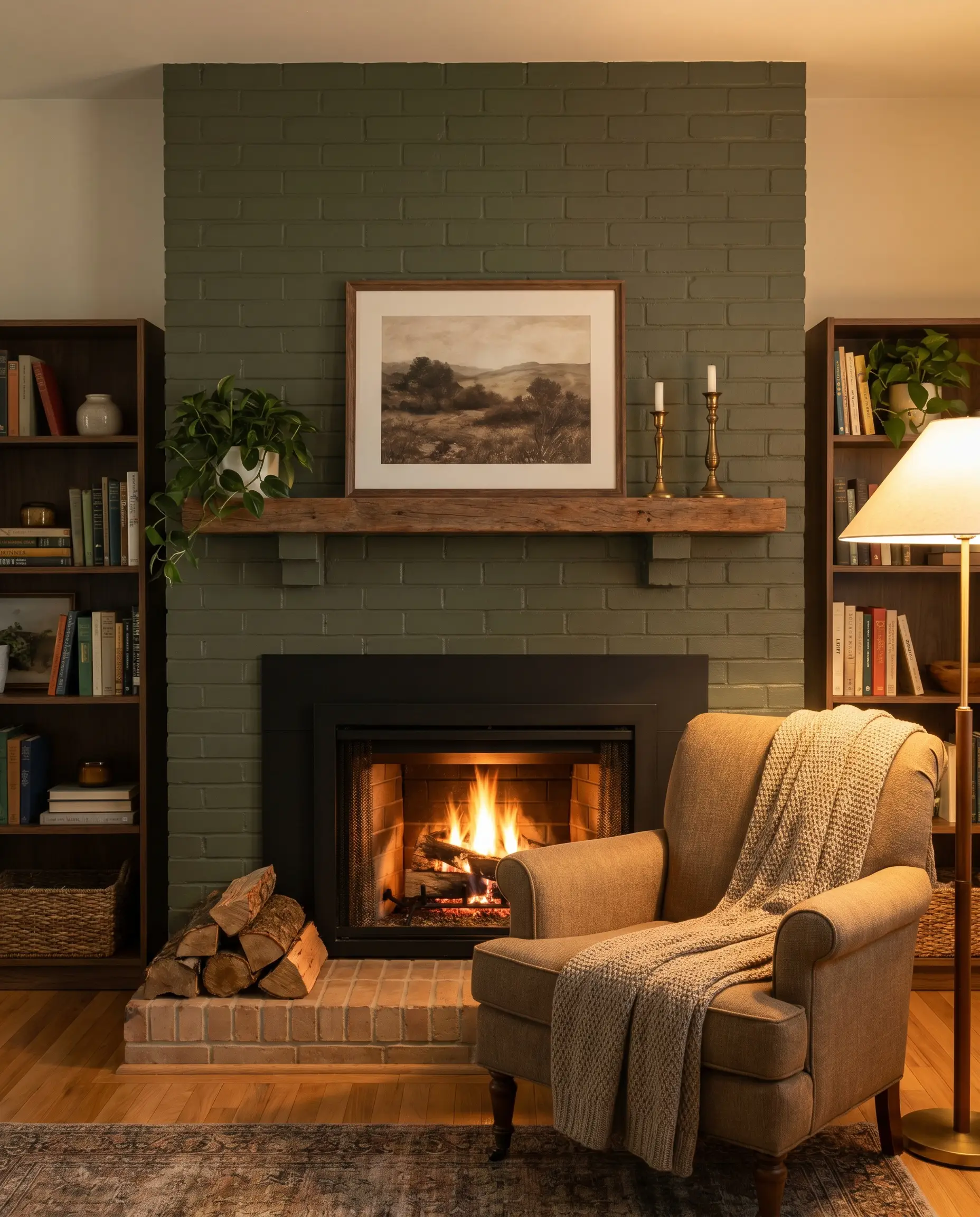 A wood mantel holding brass candlesticks and a landscape print decorates a green painted chimney breast above a terracotta brick hearth and black firebox.