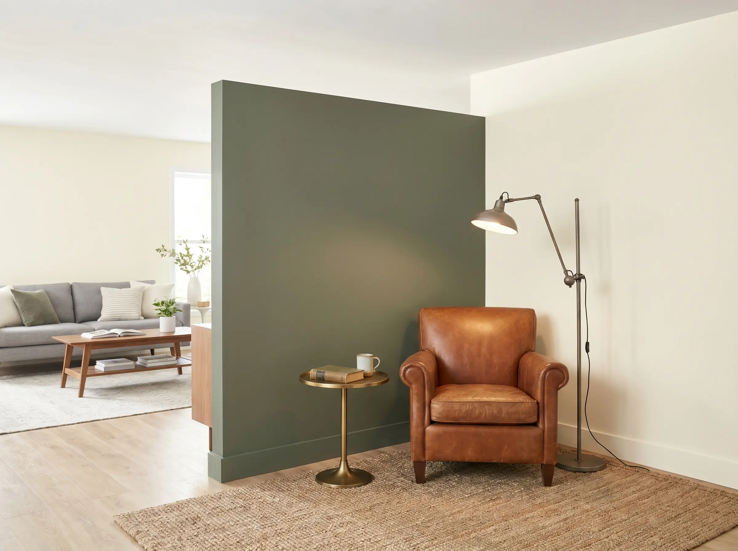 A cognac leather reading chair, brass side table, and plug-in lamp furnish a green painted reading nook set against adjacent warm white walls.