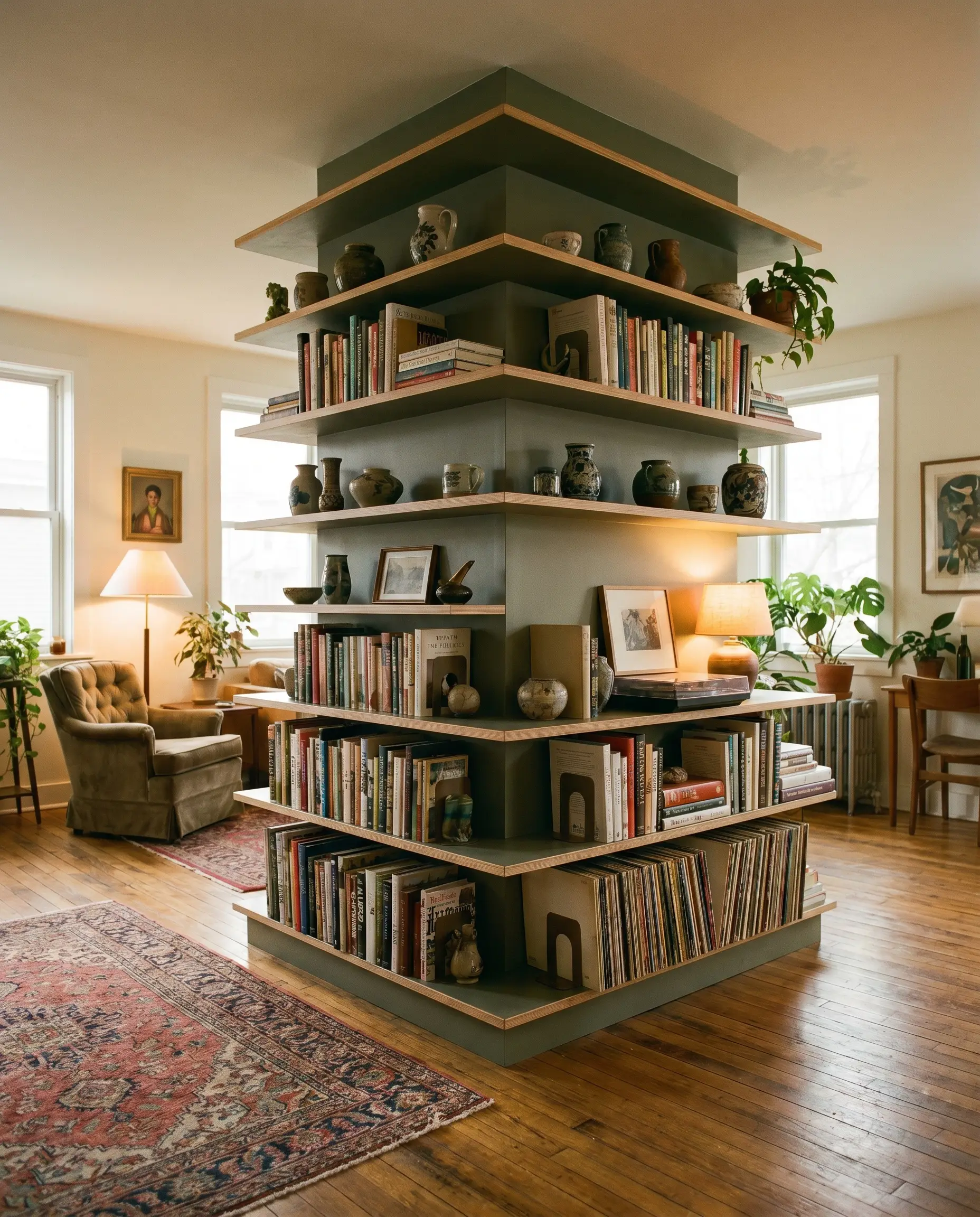 Custom-milled plywood shallow bookshelves painted Green Smoke wrap a square structural support in a library-chic living space featuring a velvet reading chair.