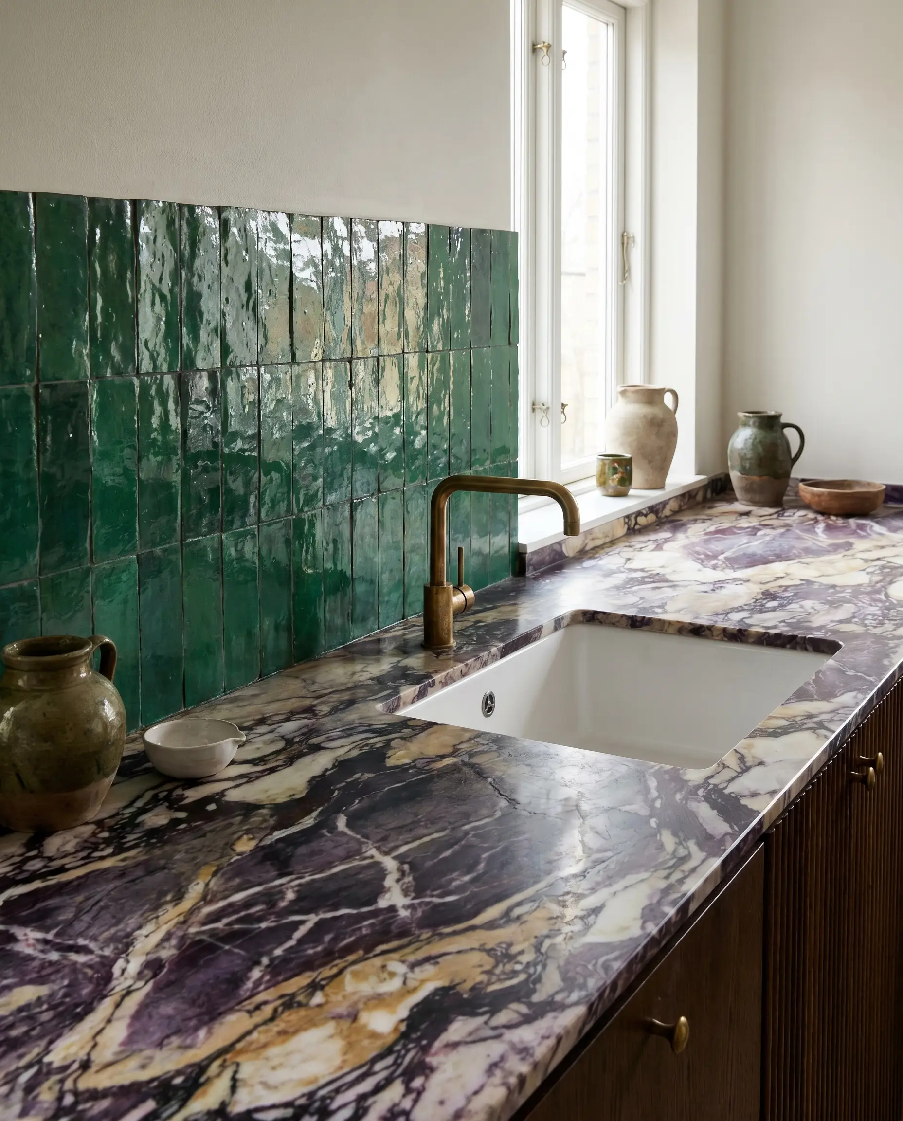 A simple under-mount white ceramic sink sits within a dramatic Calacatta Viola marble countertop positioned directly below a green zellige tile bathroom backsplash.