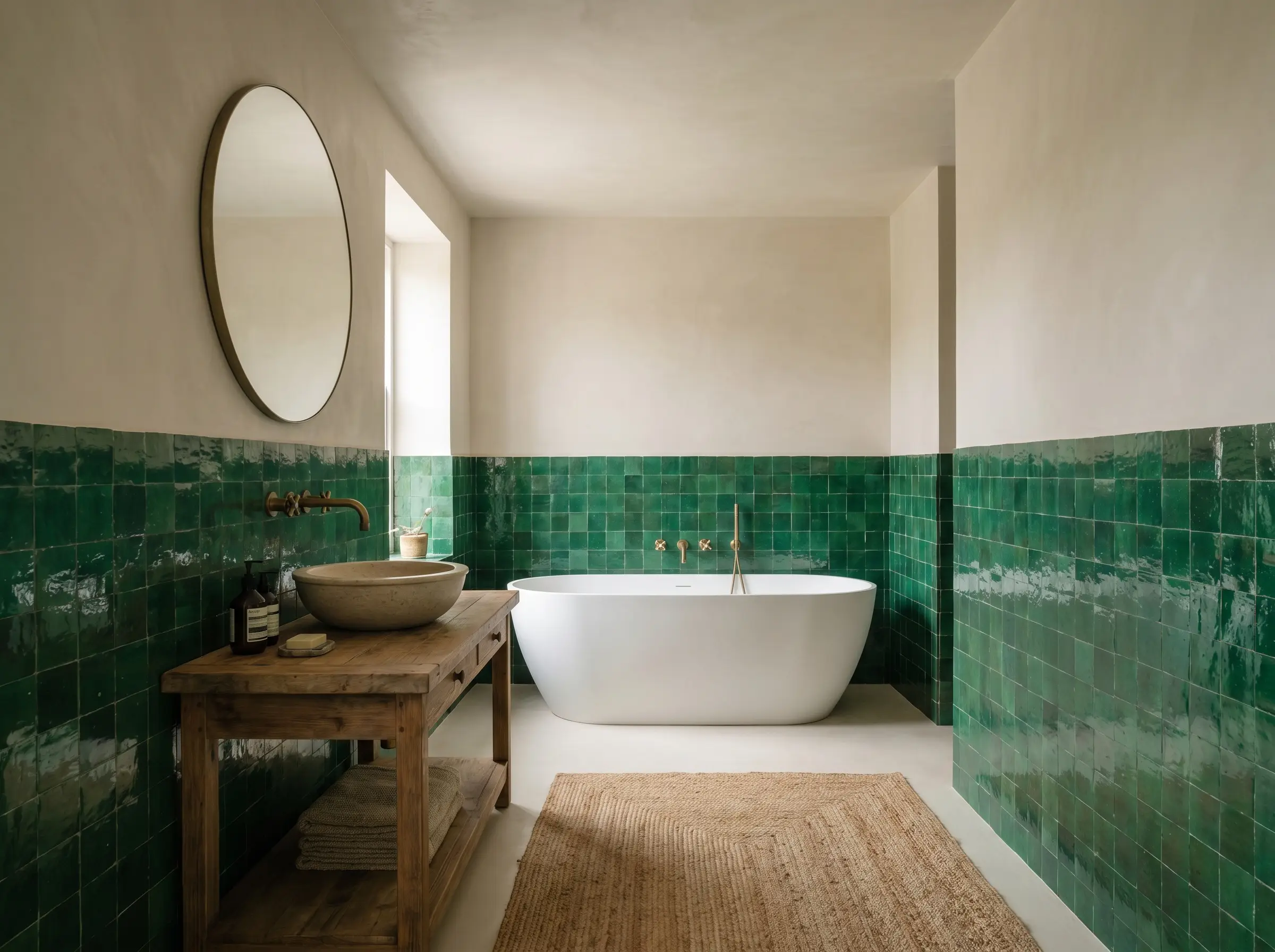 A glossy green Moroccan clay wall terminates halfway up the room, transitioning seamlessly into a bone-colored ultra-matte tadelakt plaster above a modern freestanding tub.