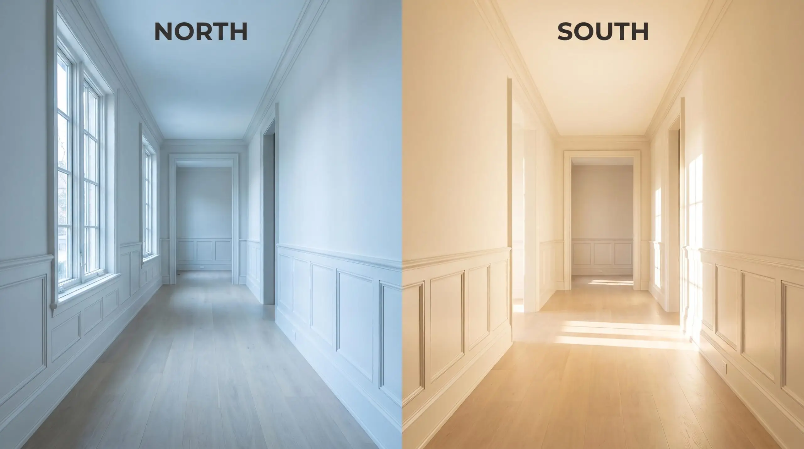 A continuous hallway with matte white oak floors demonstrates Sherwin-Williams Heron Plume shifting from cool bluish-gray in Northern light to golden-warmth in Southern exposure.