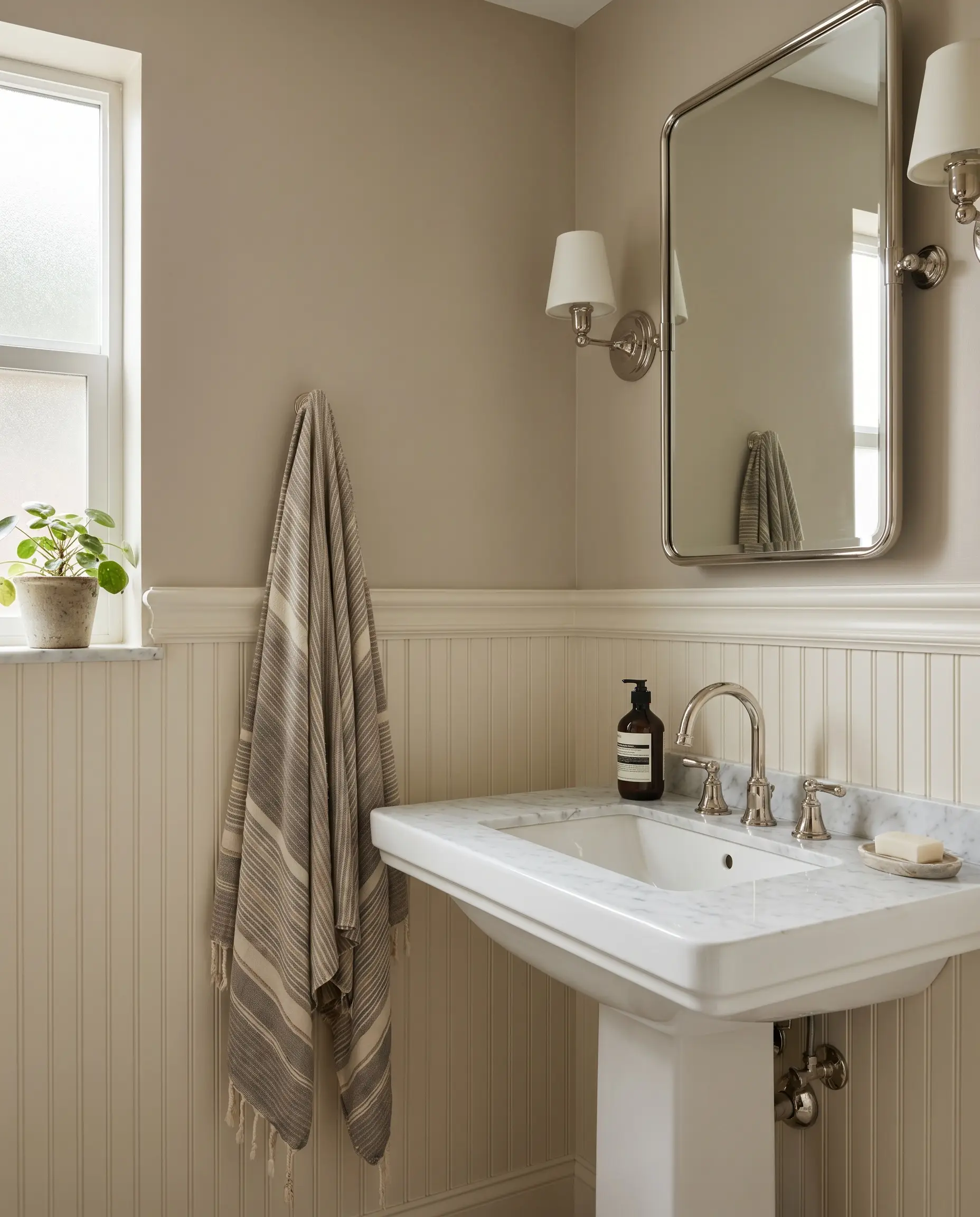 Traditional beadboard wainscoting painted in creamy white grounds warm greige upper walls behind a bathroom vanity featuring polished nickel plumbing fixtures and matching mirror.