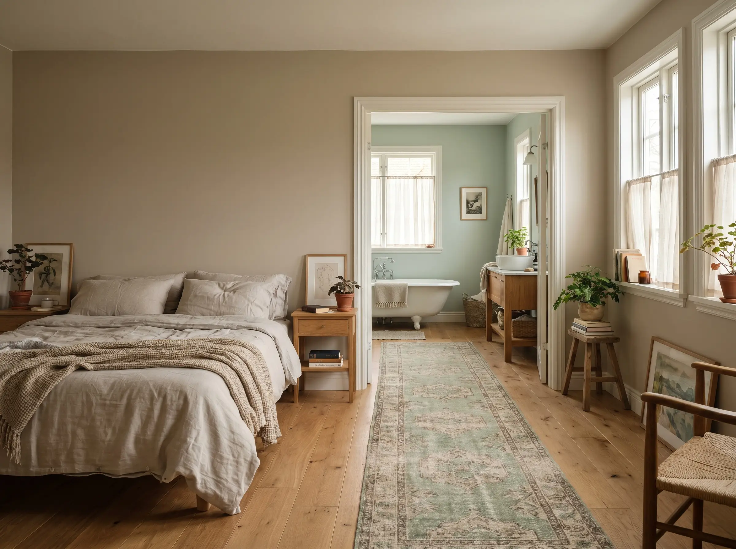 A vintage runner rug bridges rift-sawn white oak floors between a warm greige bedroom and an adjoining primary bathroom painted in SW Sea Salt.