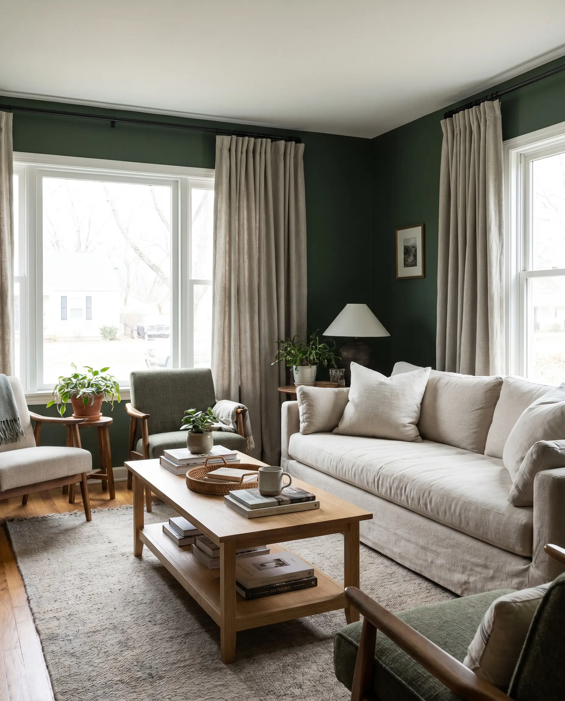 Relaxed greige cotton basketweave drapes hang from a matte black French return rod behind a slipcovered linen sofa and light wood coffee table.