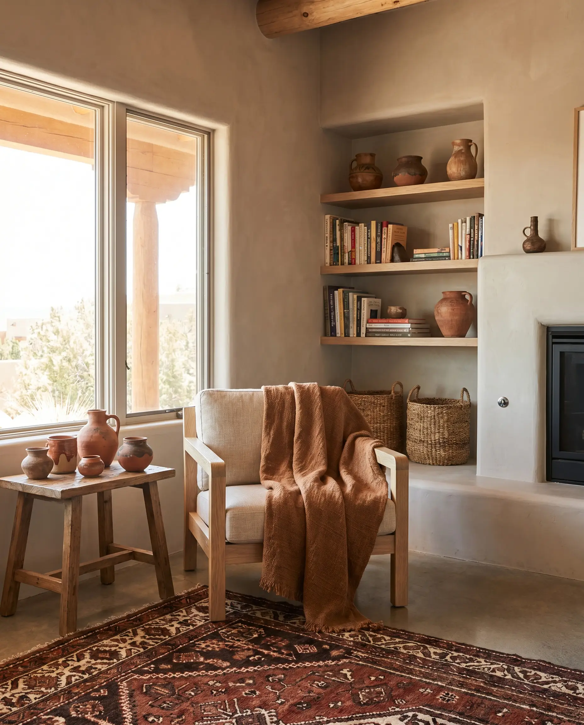 A pale oak chair draped with a rust-toned linen throw sits beside an approachable side table displaying deep terracotta and clay artisan ceramics.