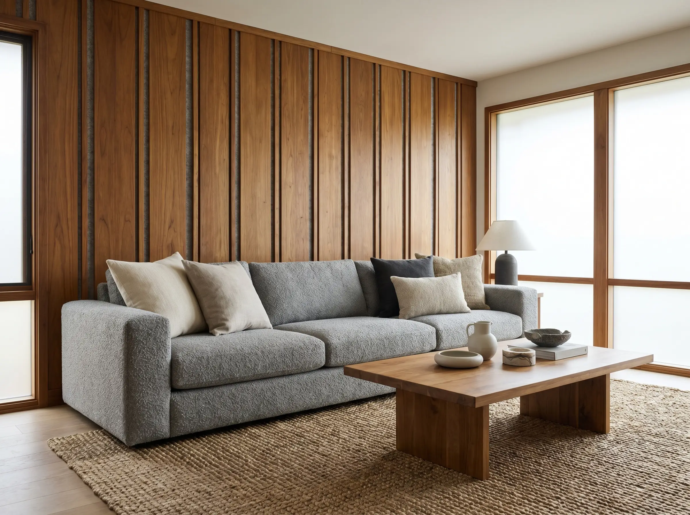 A cool-toned grey boucle couch contrasts against warm teak panels with backing felt, creating a textured wood slat accent wall behind sofa.