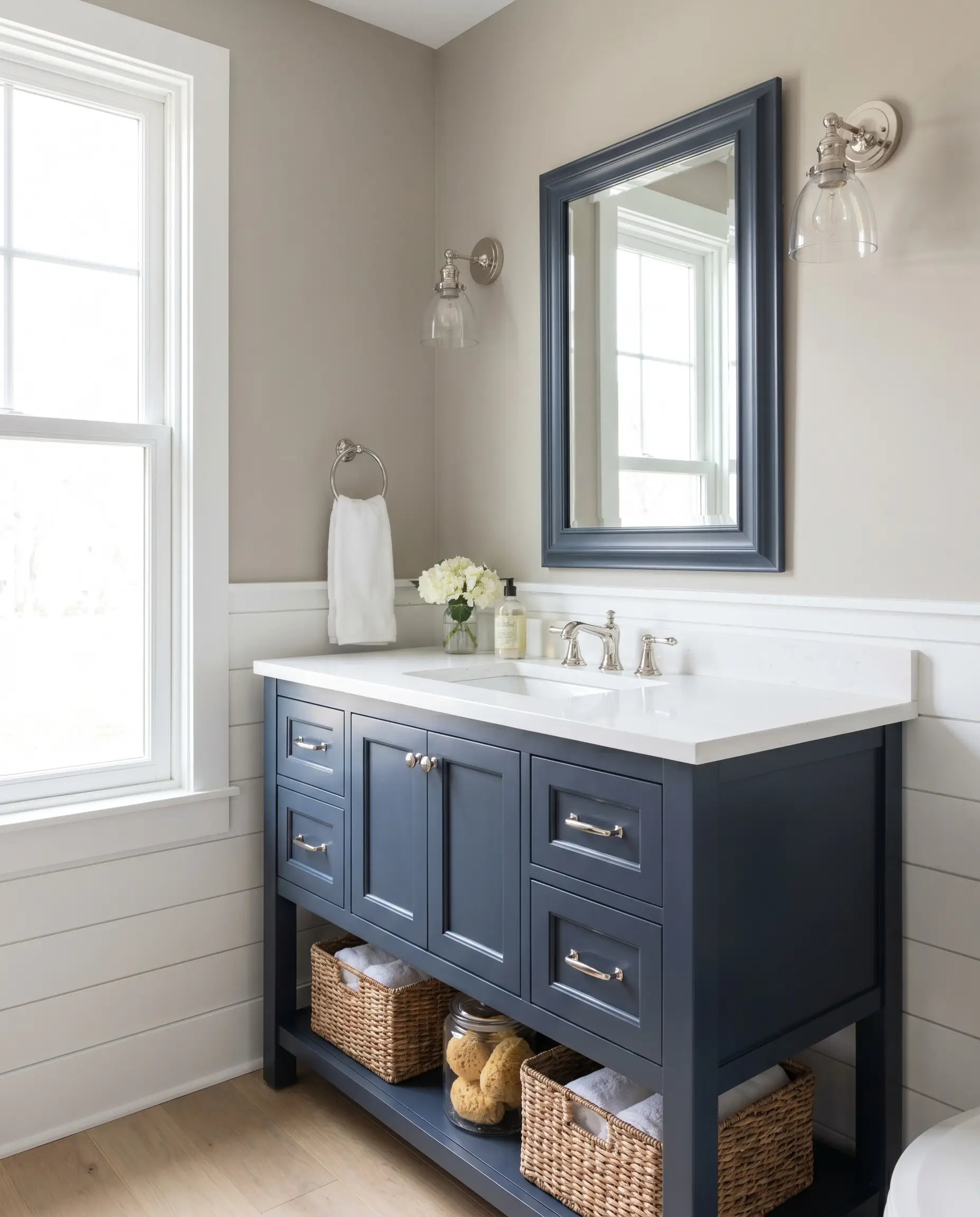 A deep Hale Navy vanity cabinet with bright polished nickel hardware contrasts sharply against the Benjamin Moore Pale Oak bathroom walls and white countertop.