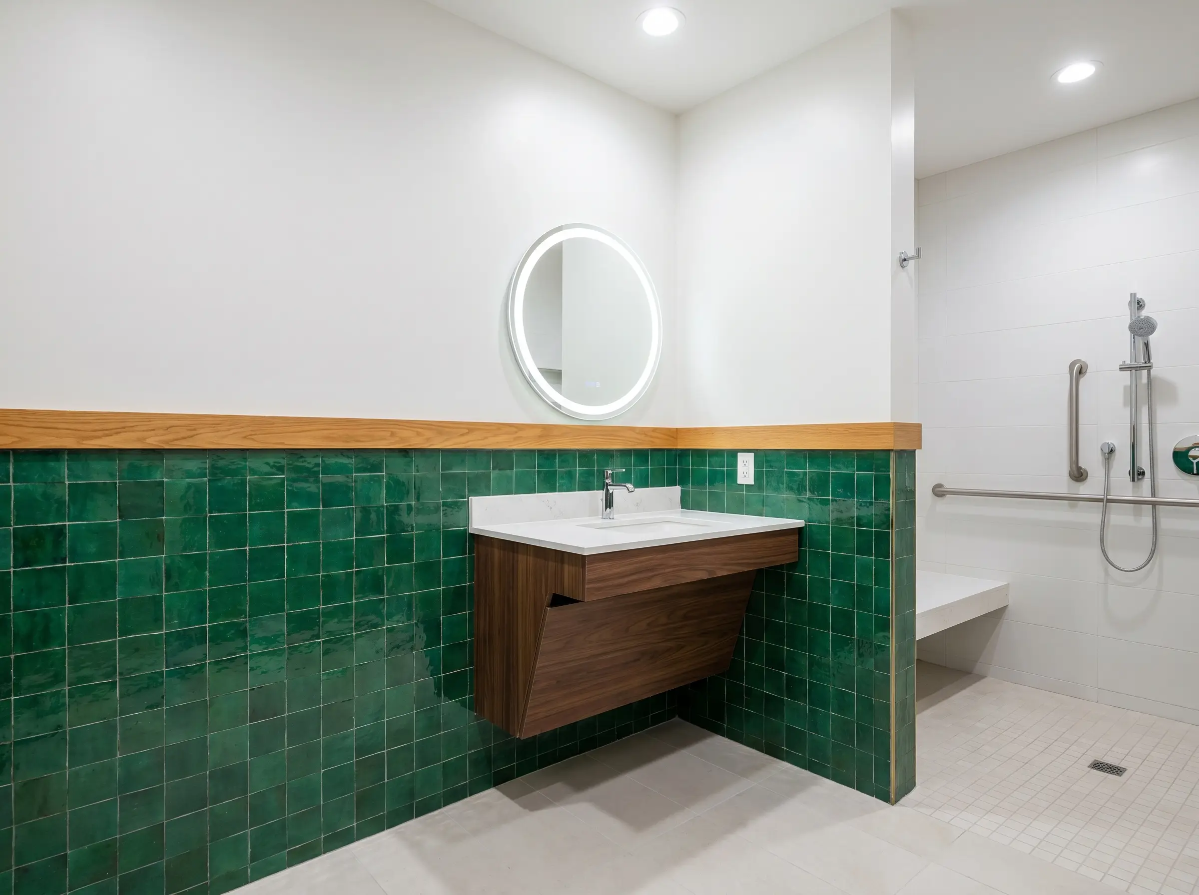 A natural oak trim caps a green zellige tile bathroom backsplash installed as half-height wainscoting below crisp white upper walls and a modern mirror.