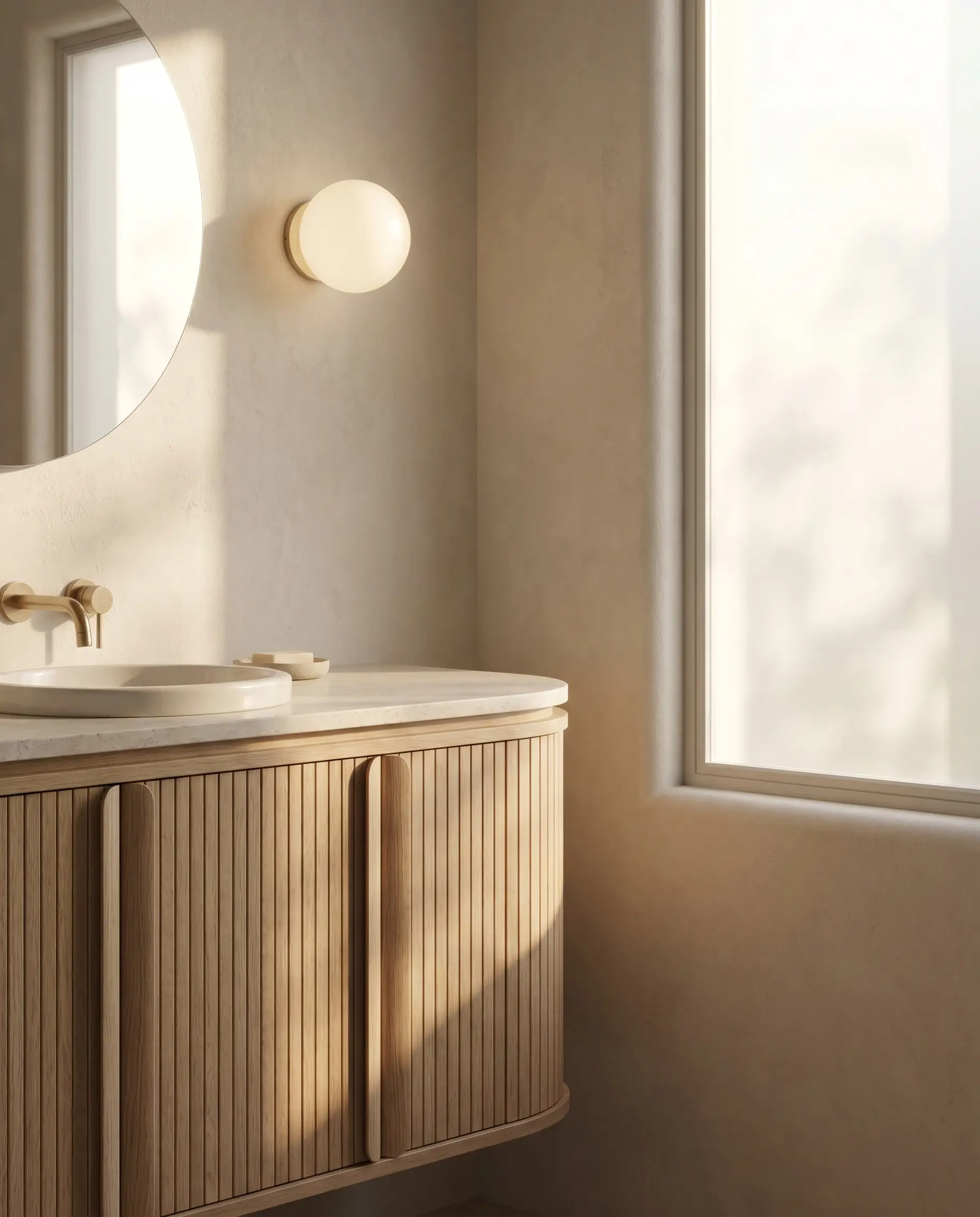 Frosted globe wall sconces sit above a half-moon tambour oak cabinet featuring half-inch convex curves in a clean Scandi-inspired space.