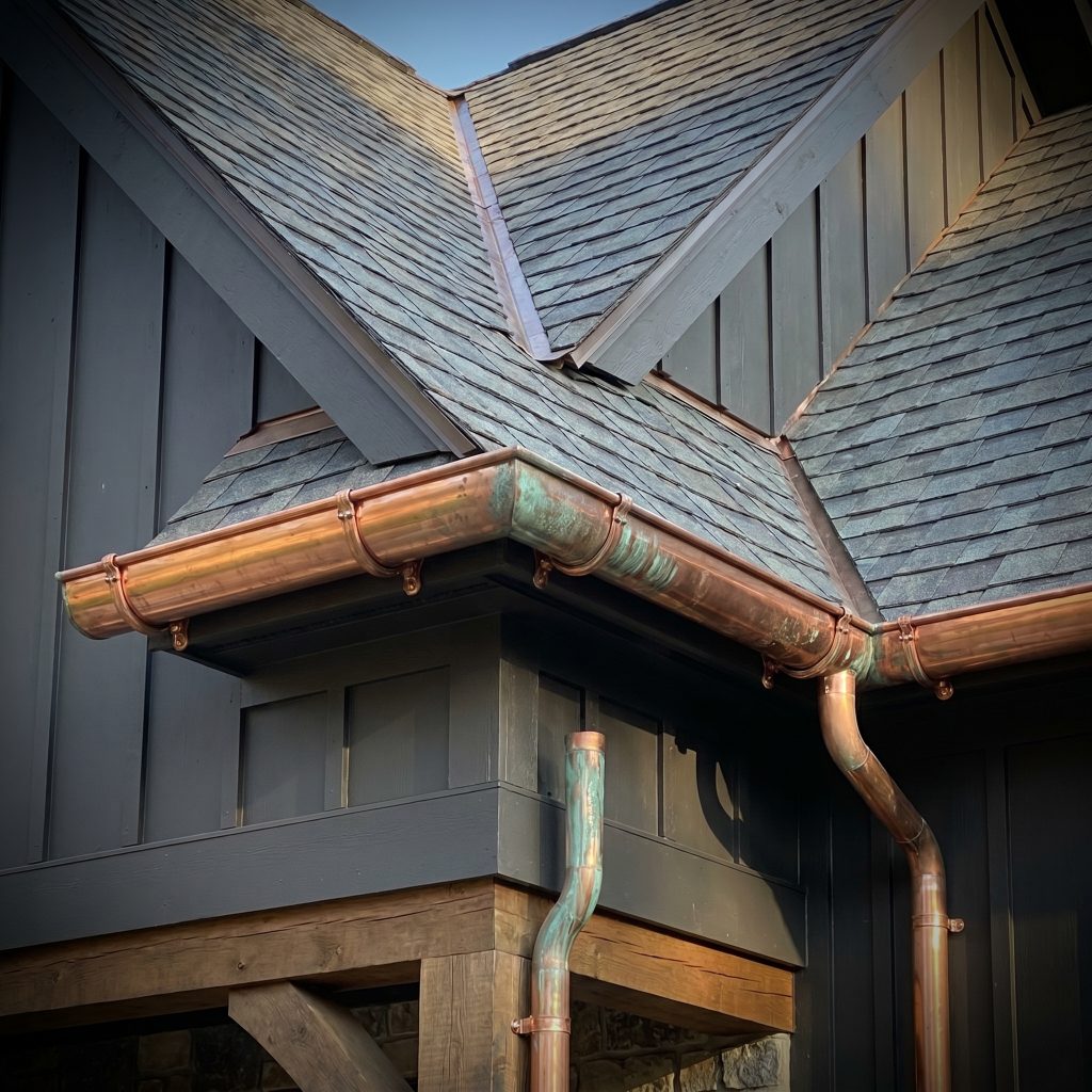Custom half-round copper rain gutters and round downspouts line the eaves beneath steep gables, contrasting against dark charcoal painted siding and architectural shingles.